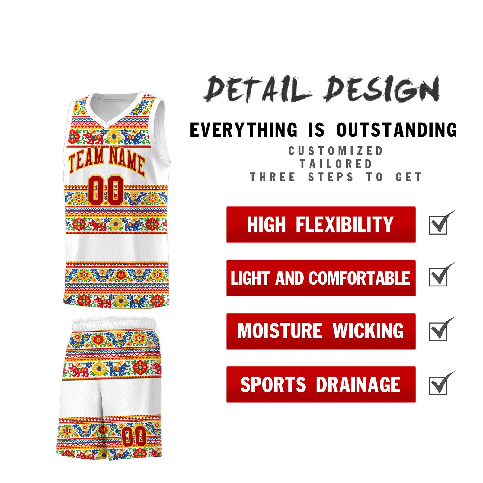 Custom White Colorfulflower pattern Mexican Colors Graffiti Patterns Quick-Drying Uniform Basketball Jersey