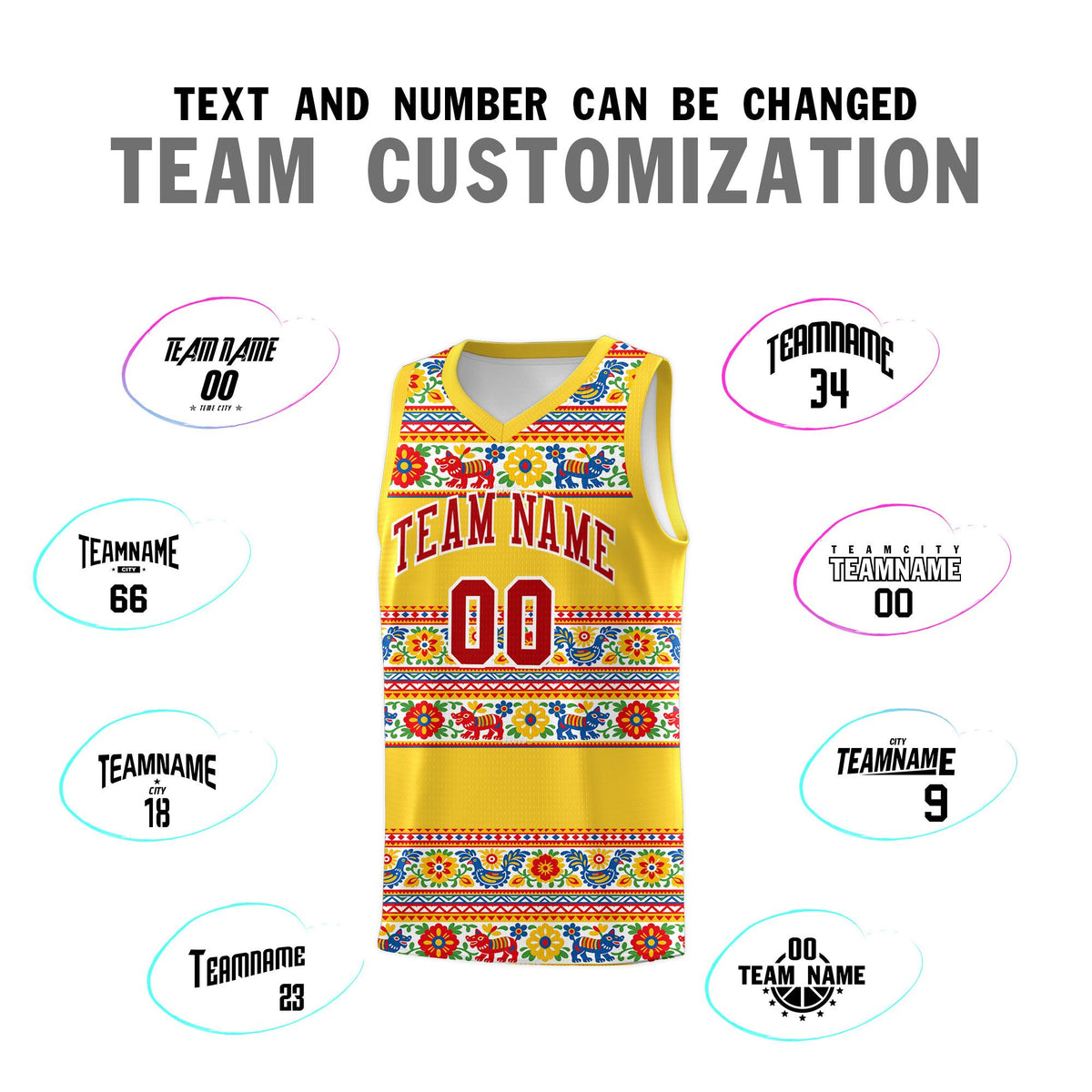 Custom Gold Colorfulflower pattern Mexican Colors Graffiti Patterns Lightweight Uniform Basketball Jersey
