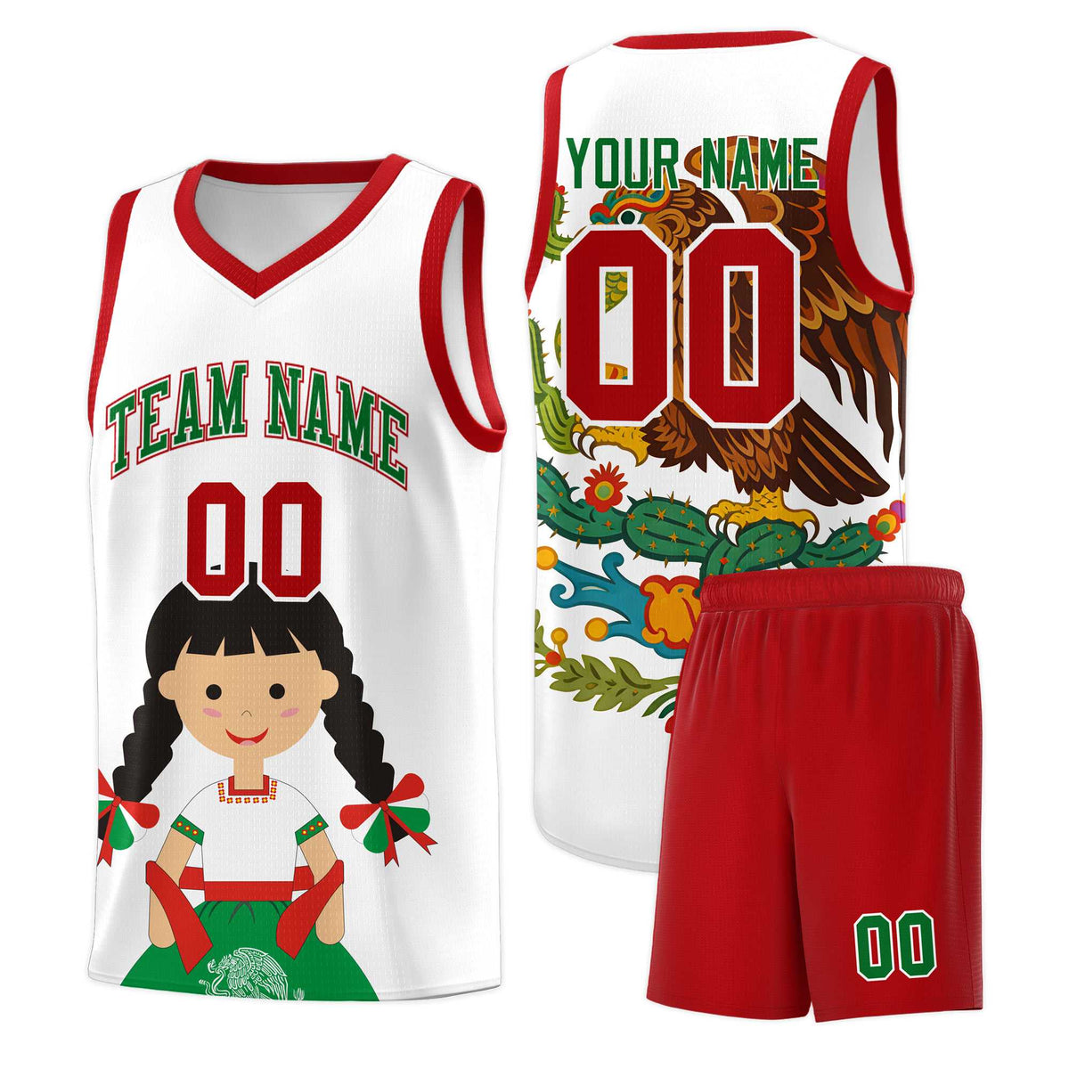 Custom White Red Mexican Colors Graffiti Patterns Sublimation Printing Uniform Basketball Jersey