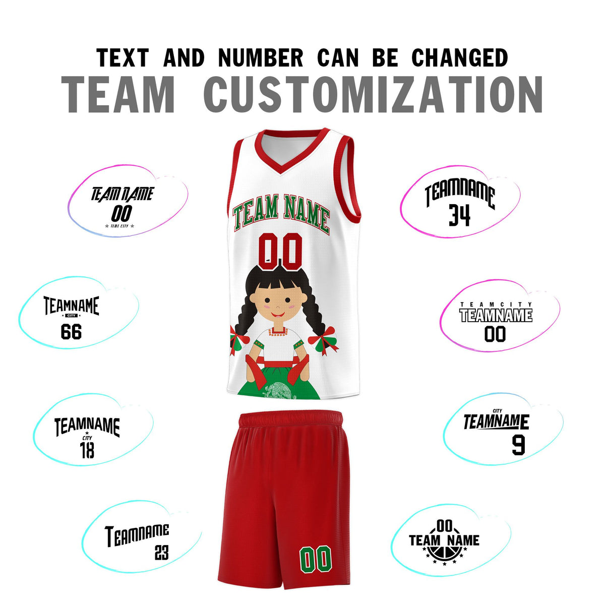 Custom White Red Mexican Colors Graffiti Patterns Sublimation Printing Uniform Basketball Jersey