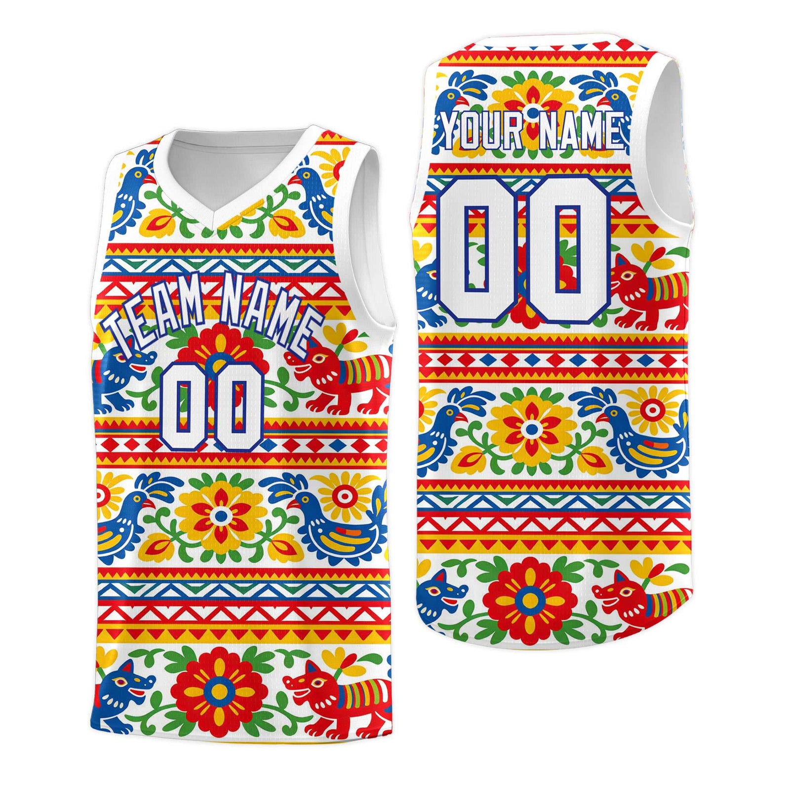 Custom White Colorfulflower pattern Mexican Colors Graffiti Patterns Quick-Drying Uniform Basketball Jersey