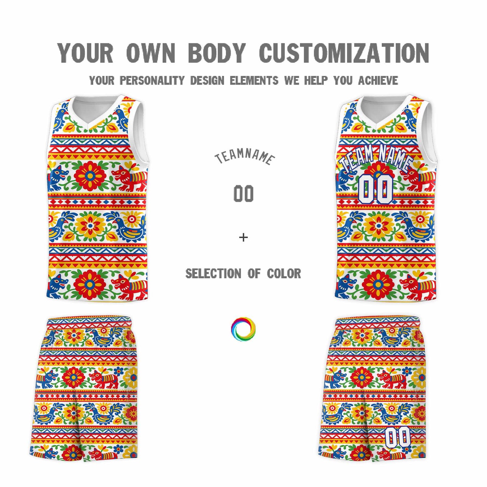 Custom White Colorfulflower pattern Mexican Colors Graffiti Patterns Quick-Drying Uniform Basketball Jersey