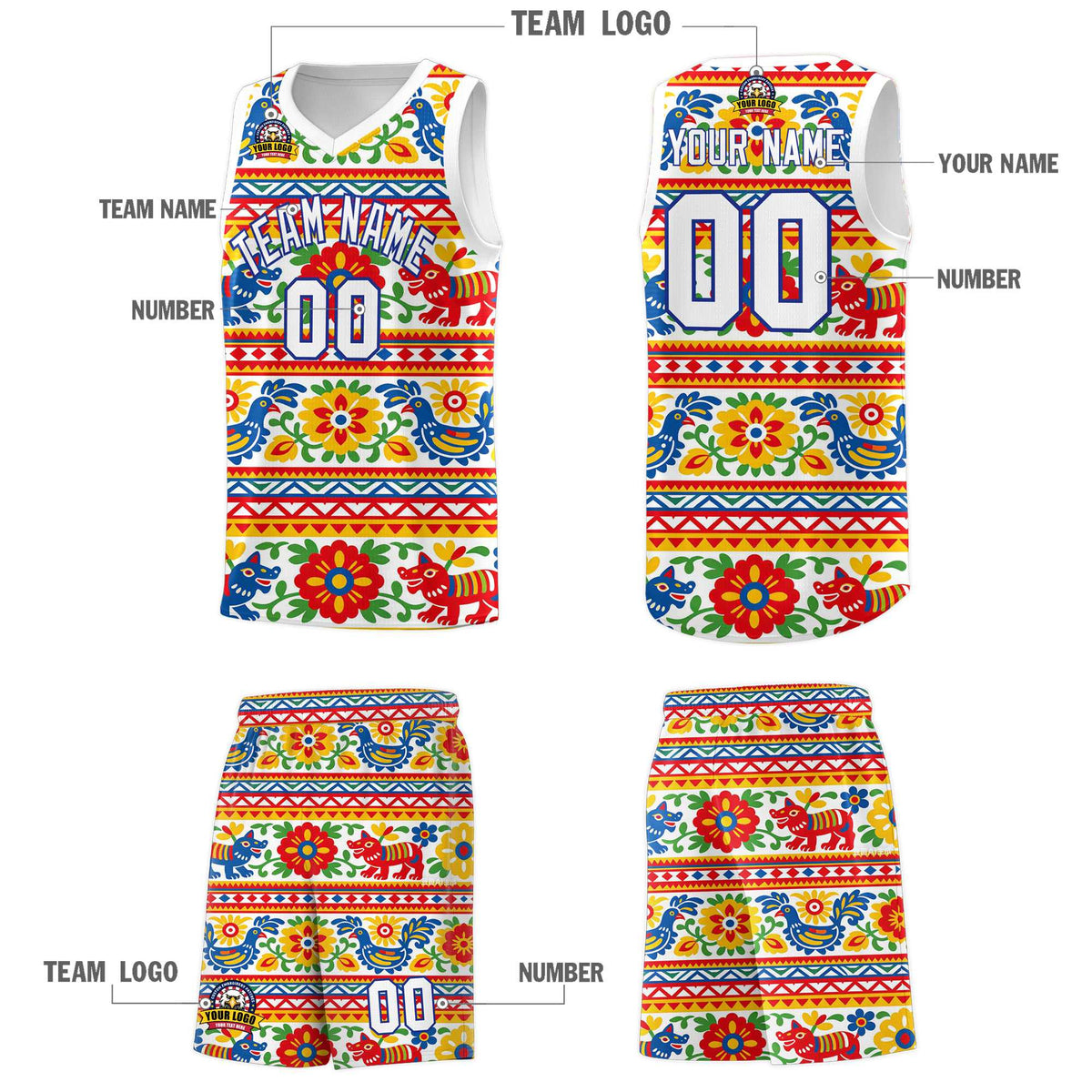 Custom White Colorfulflower pattern Mexican Colors Graffiti Patterns Quick-Drying Uniform Basketball Jersey