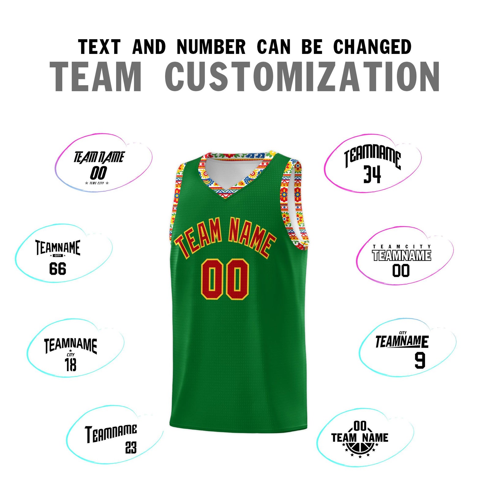 Custom Kelly Green Colorfulflower pattern Mexican Colors Graffiti Patterns Lightweight Uniform Basketball Jersey