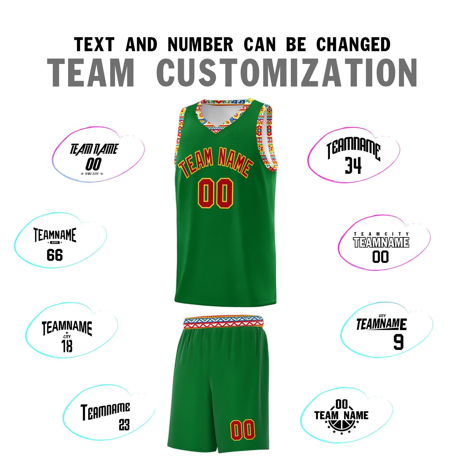 Custom Kelly Green Colorfulflower pattern Mexican Colors Graffiti Patterns Lightweight Uniform Basketball Jersey