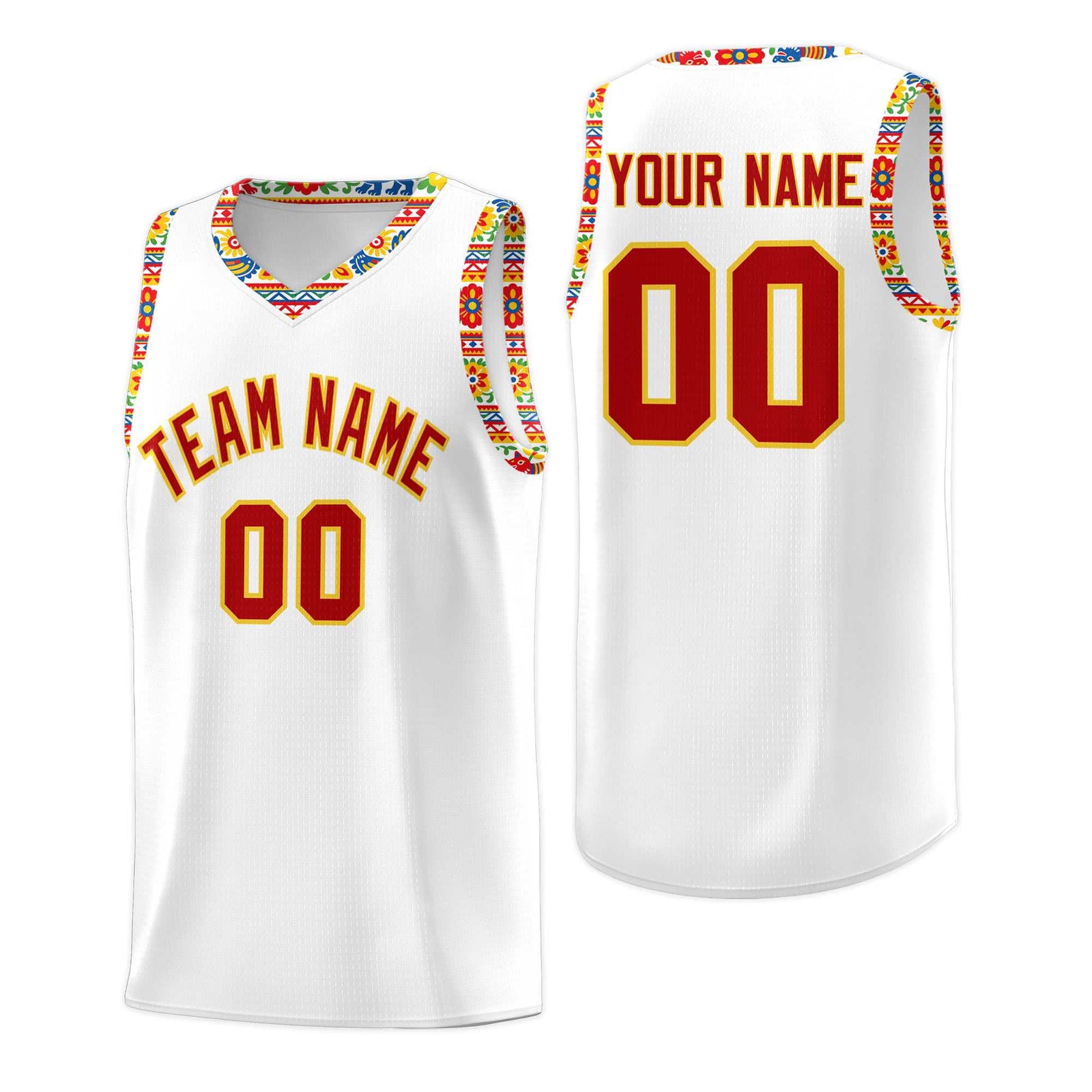 Custom White Colorfulflower pattern Mexican Colors Graffiti Patterns Wrinkle-Resistant Uniform Basketball Jersey