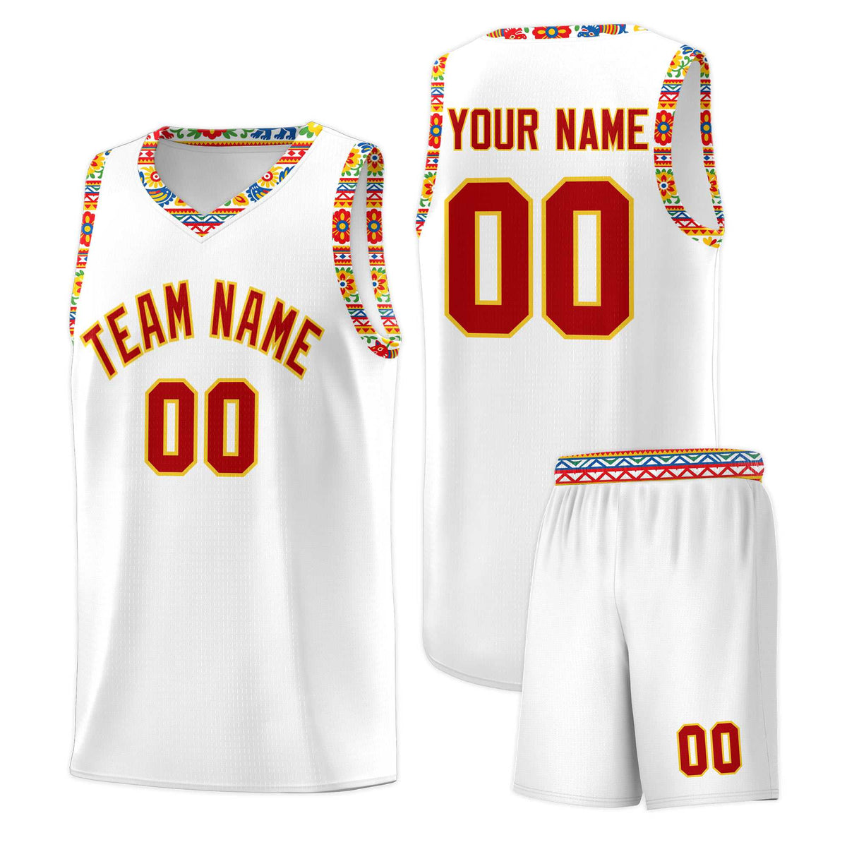 Custom White Colorfulflower pattern Mexican Colors Graffiti Patterns Wrinkle-Resistant Uniform Basketball Jersey
