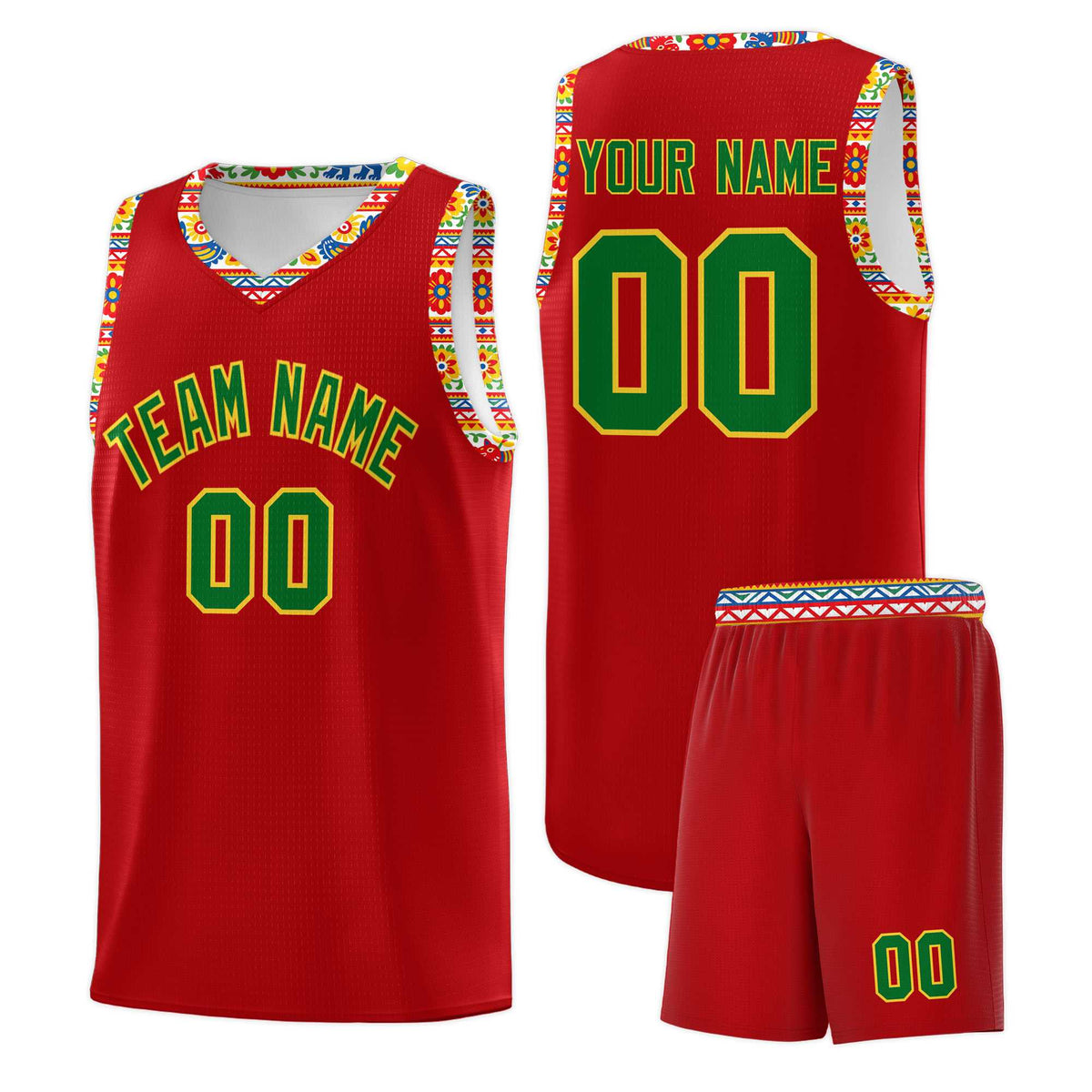 Custom Red Colorfulflower pattern Mexican Colors Graffiti Patterns Drapable Uniform Basketball Jersey
