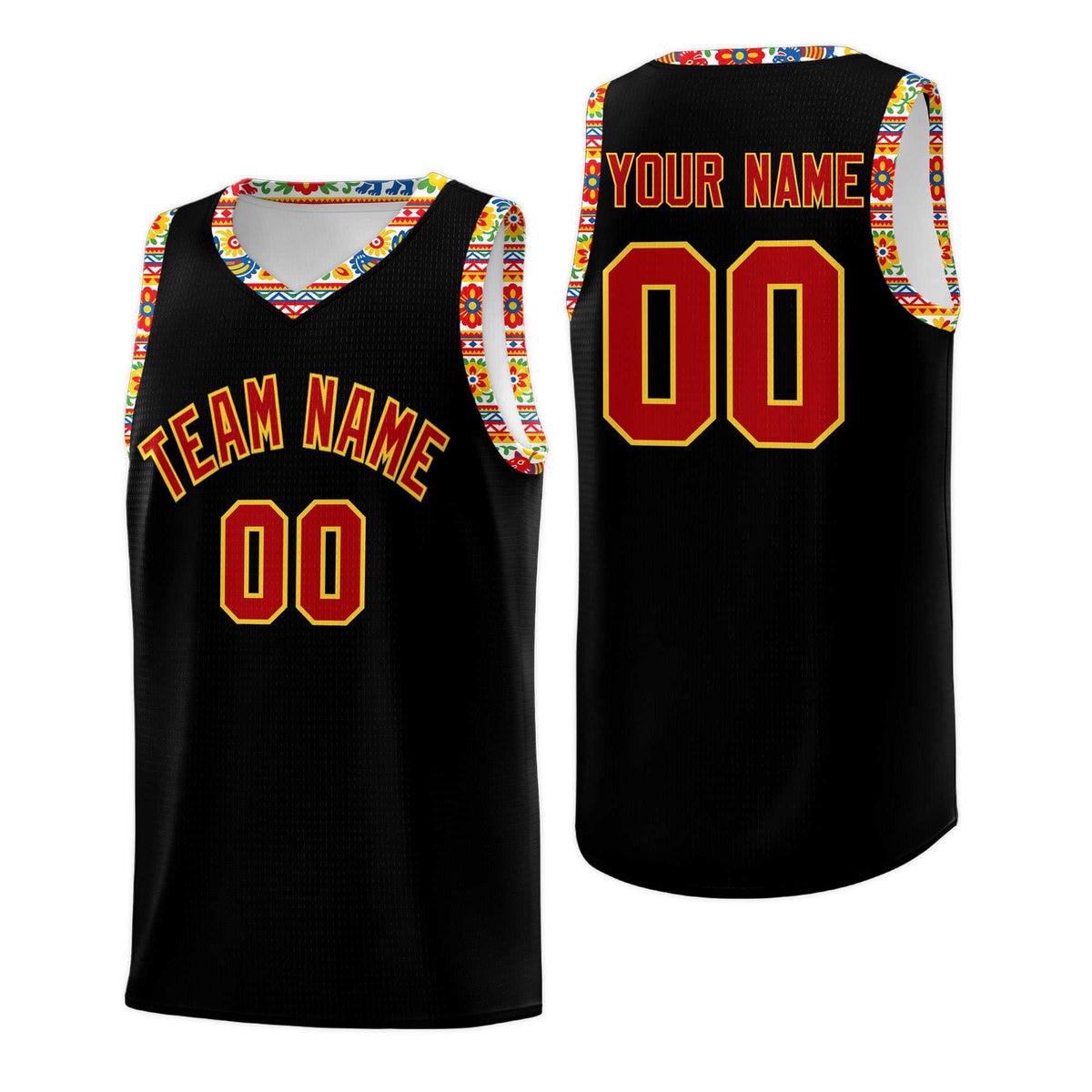 Custom Black Colorfulflower pattern Mexican Colors Graffiti Patterns Sublimation Printing Uniform Basketball Jersey