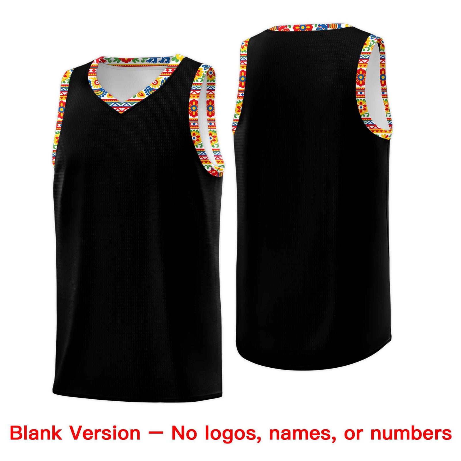 Custom Black Colorfulflower pattern Mexican Colors Graffiti Patterns Sublimation Printing Uniform Basketball Jersey
