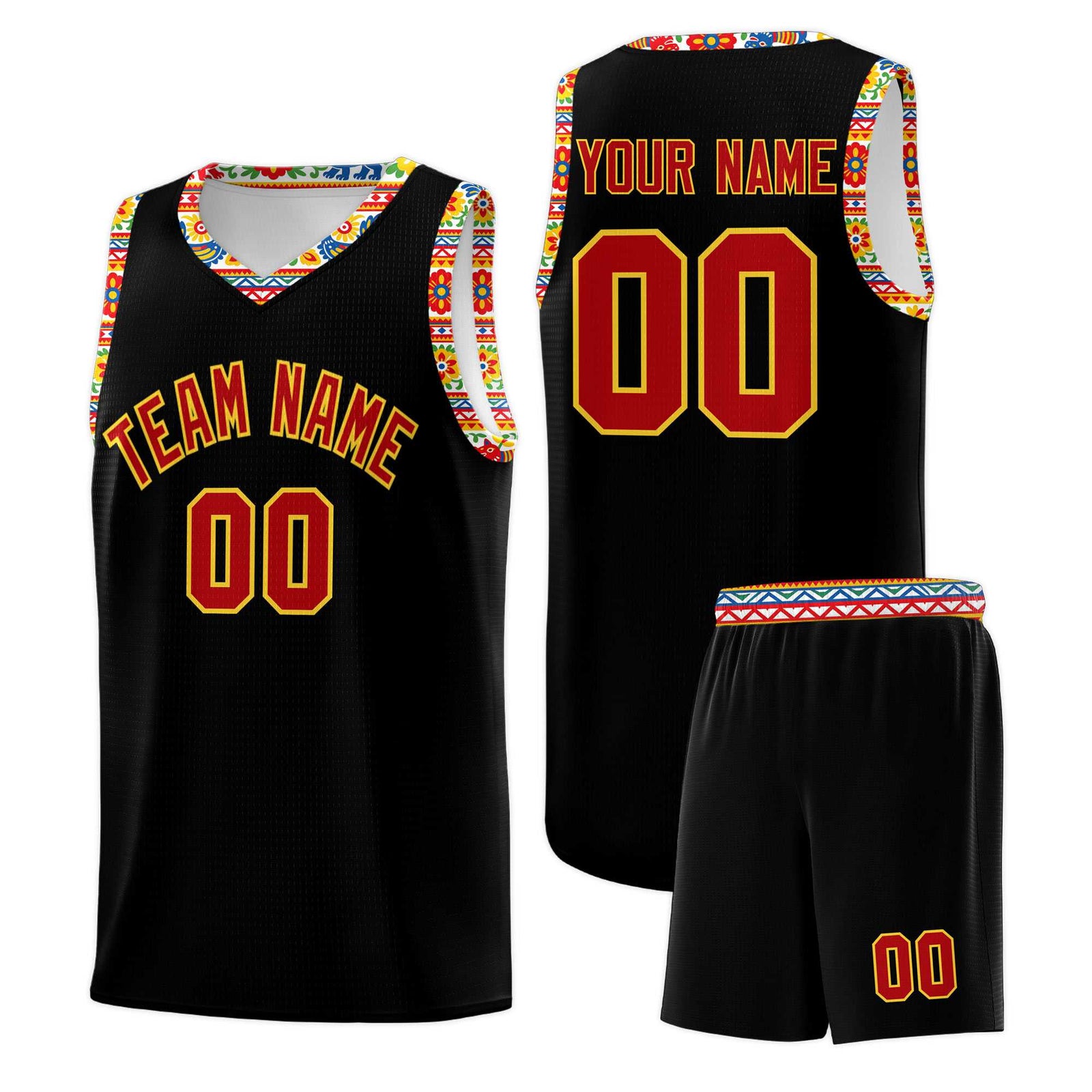 Custom Black Colorfulflower pattern Mexican Colors Graffiti Patterns Sublimation Printing Uniform Basketball Jersey