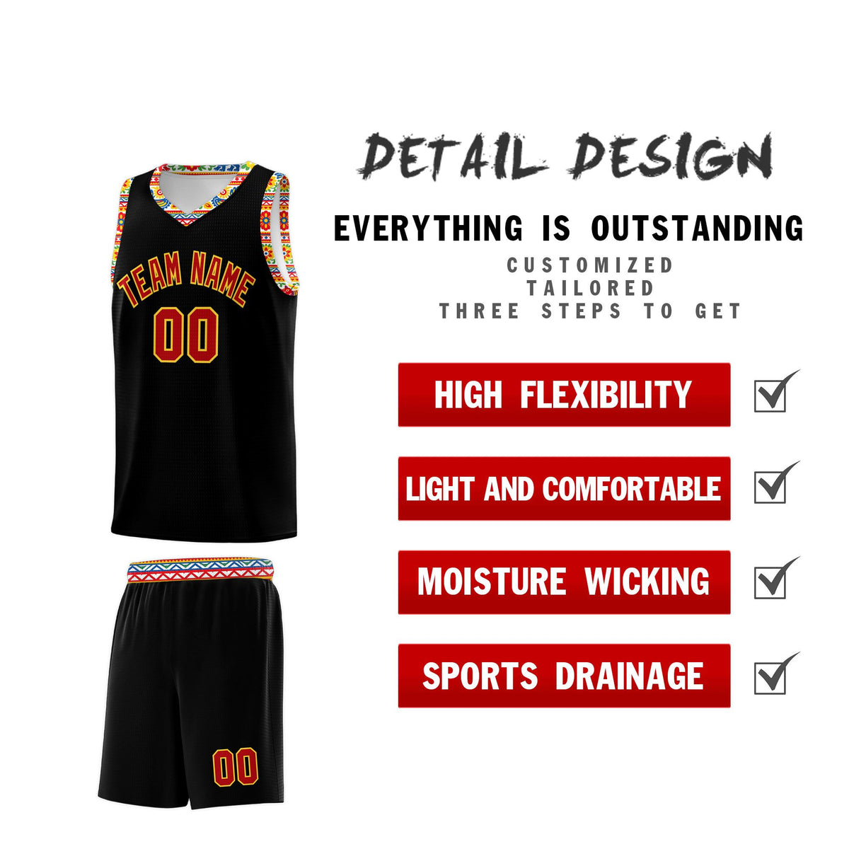 Custom Black Colorfulflower pattern Mexican Colors Graffiti Patterns Sublimation Printing Uniform Basketball Jersey