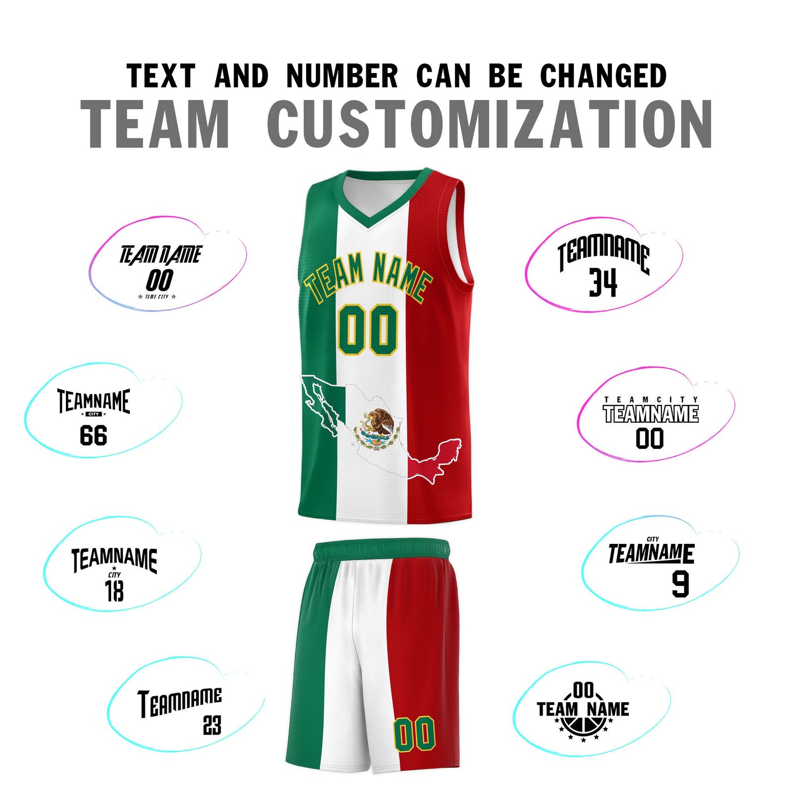Custom White Kelly Green Red Mexican Colors Graffiti Patterns Quick-Drying Uniform Basketball Jersey
