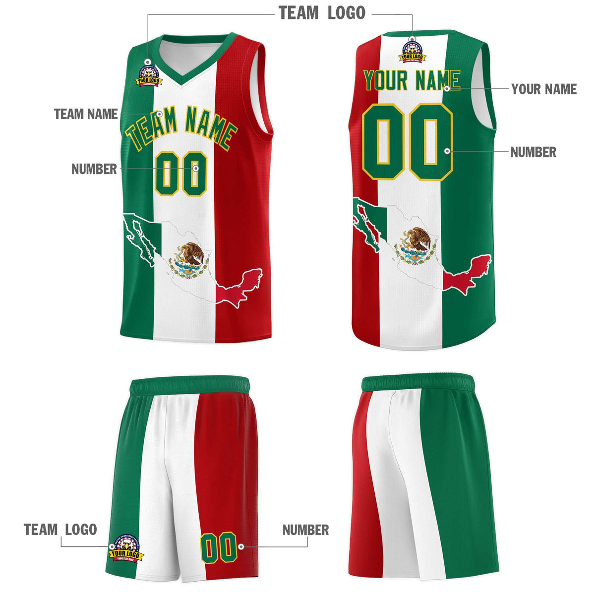 Custom White Kelly Green Red Mexican Colors Graffiti Patterns Quick-Drying Uniform Basketball Jersey