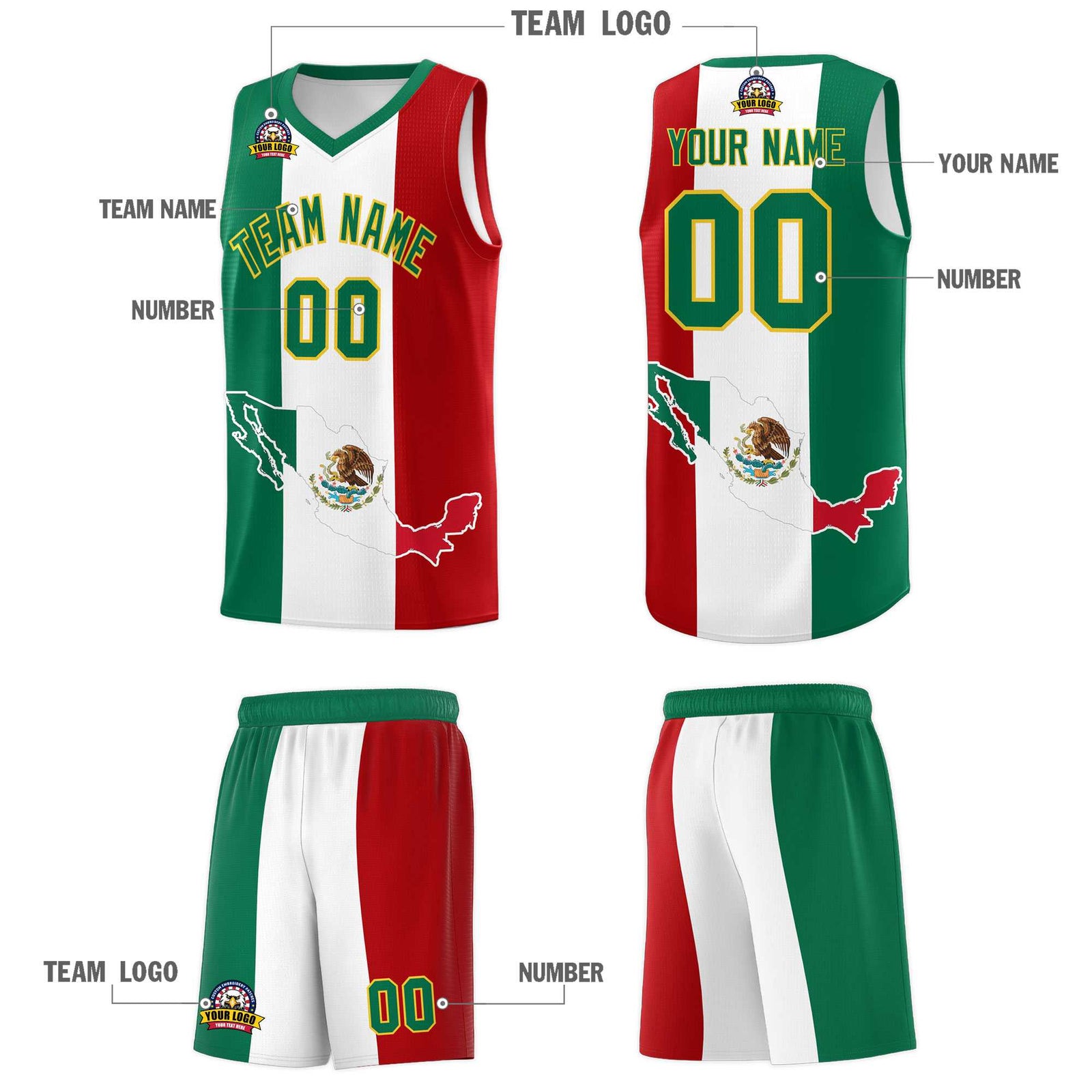 Custom White Kelly Green Red Mexican Colors Graffiti Patterns Quick-Drying Uniform Basketball Jersey