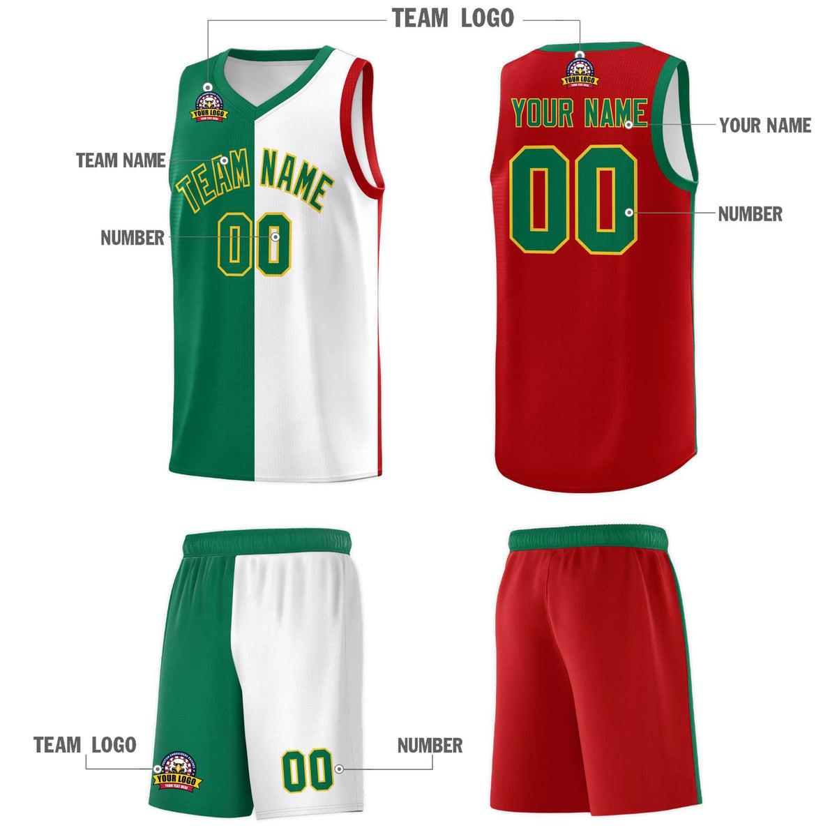 Custom White Kelly Green Red Mexican Colors Graffiti Patterns Lightweight Uniform Basketball Jersey