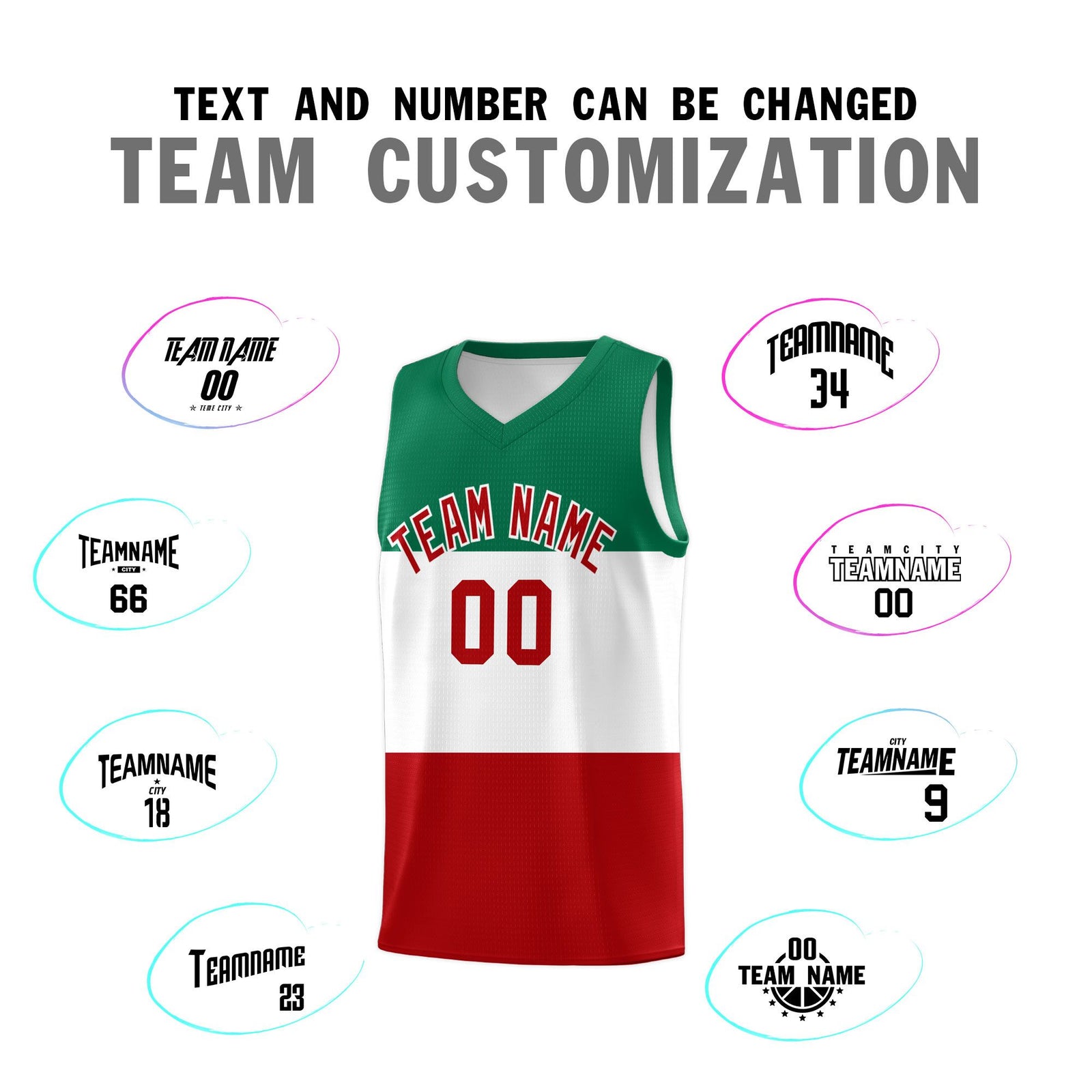 Custom White Kelly Green Red Mexican Colors Graffiti Patterns Drapable Uniform Basketball Jersey