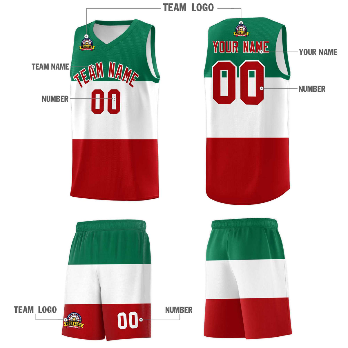 Custom White Kelly Green Red Mexican Colors Graffiti Patterns Drapable Uniform Basketball Jersey