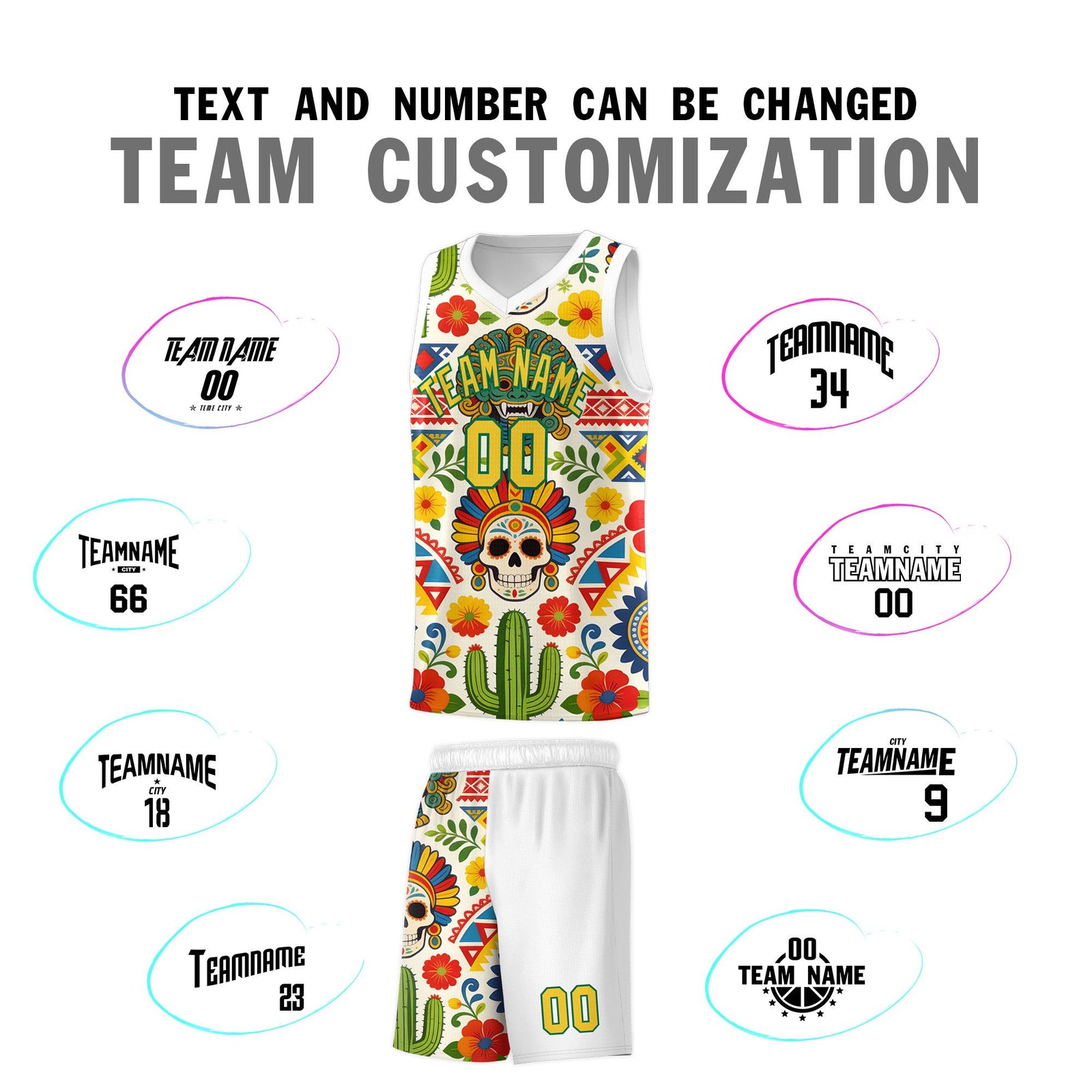 Custom White Skeleton Mexican Colors Graffiti Patterns Sublimation Printing Uniform Basketball Jersey