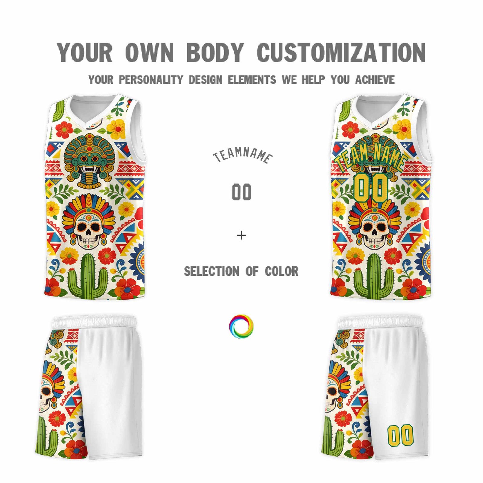 Custom White Skeleton Mexican Colors Graffiti Patterns Sublimation Printing Uniform Basketball Jersey