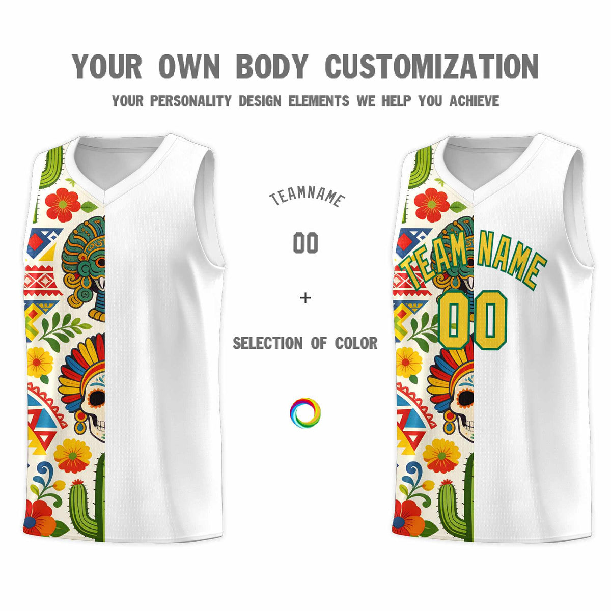 Custom White Skeleton Mexican Colors Graffiti Patterns Breathable Uniform Basketball Jersey