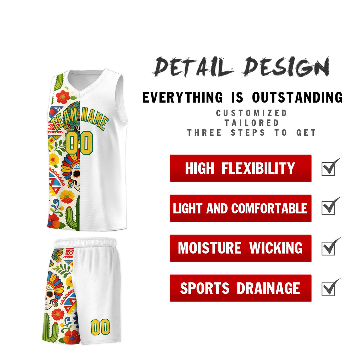 Custom White Skeleton Mexican Colors Graffiti Patterns Breathable Uniform Basketball Jersey