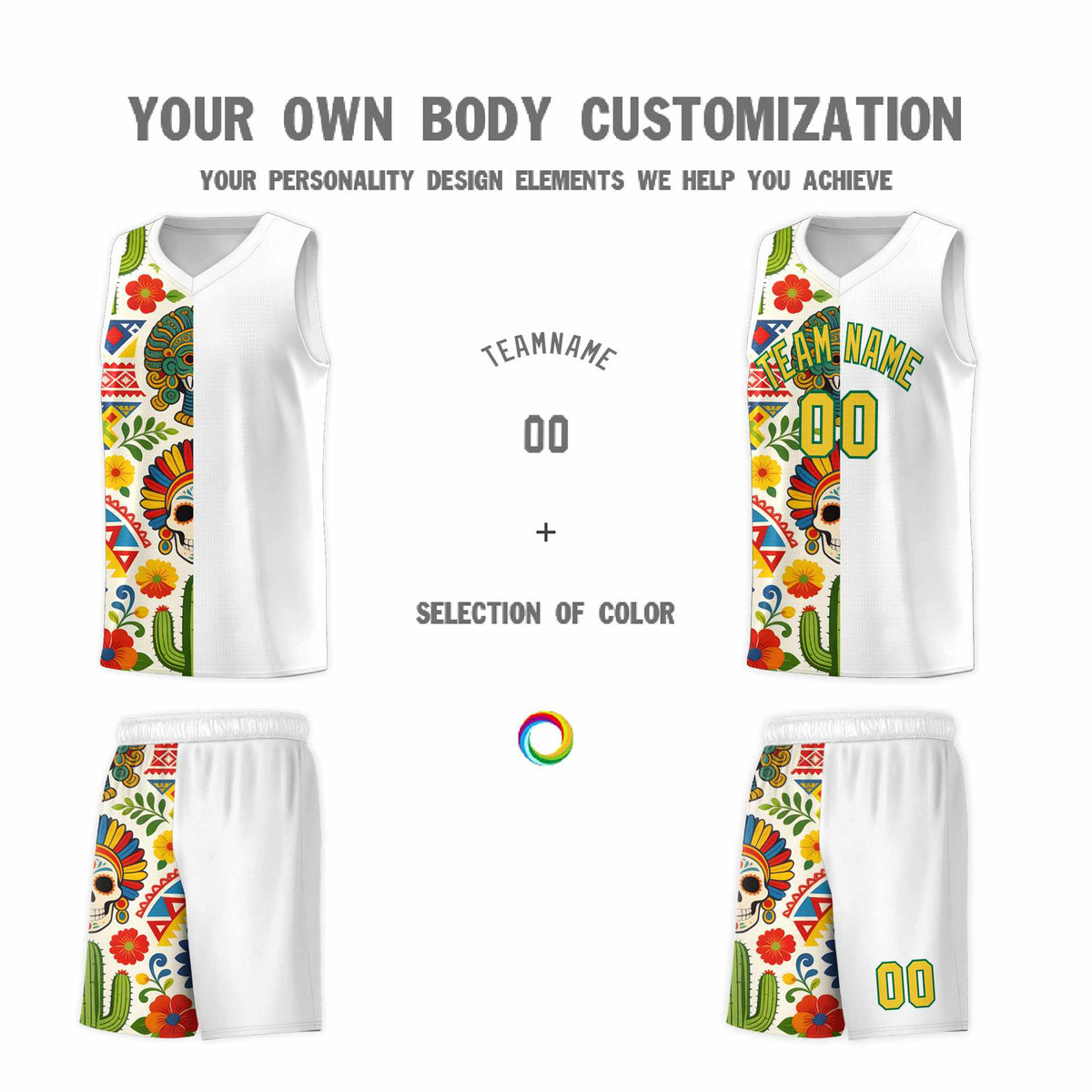 Custom White Skeleton Mexican Colors Graffiti Patterns Breathable Uniform Basketball Jersey