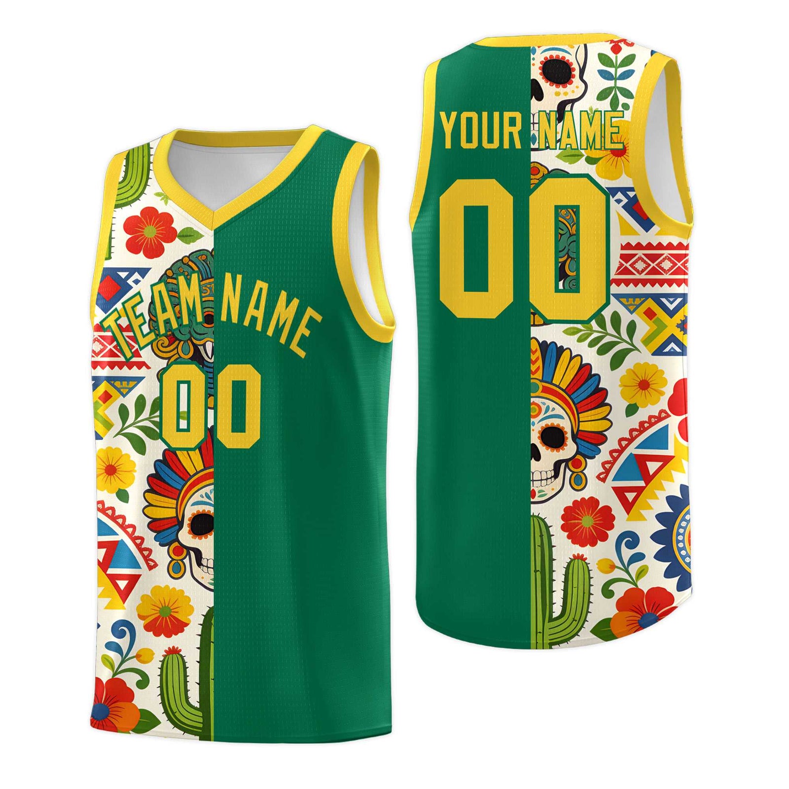 Custom Kelly Green Skeleton Mexican Colors Graffiti Patterns Quick-Drying Uniform Basketball Jersey