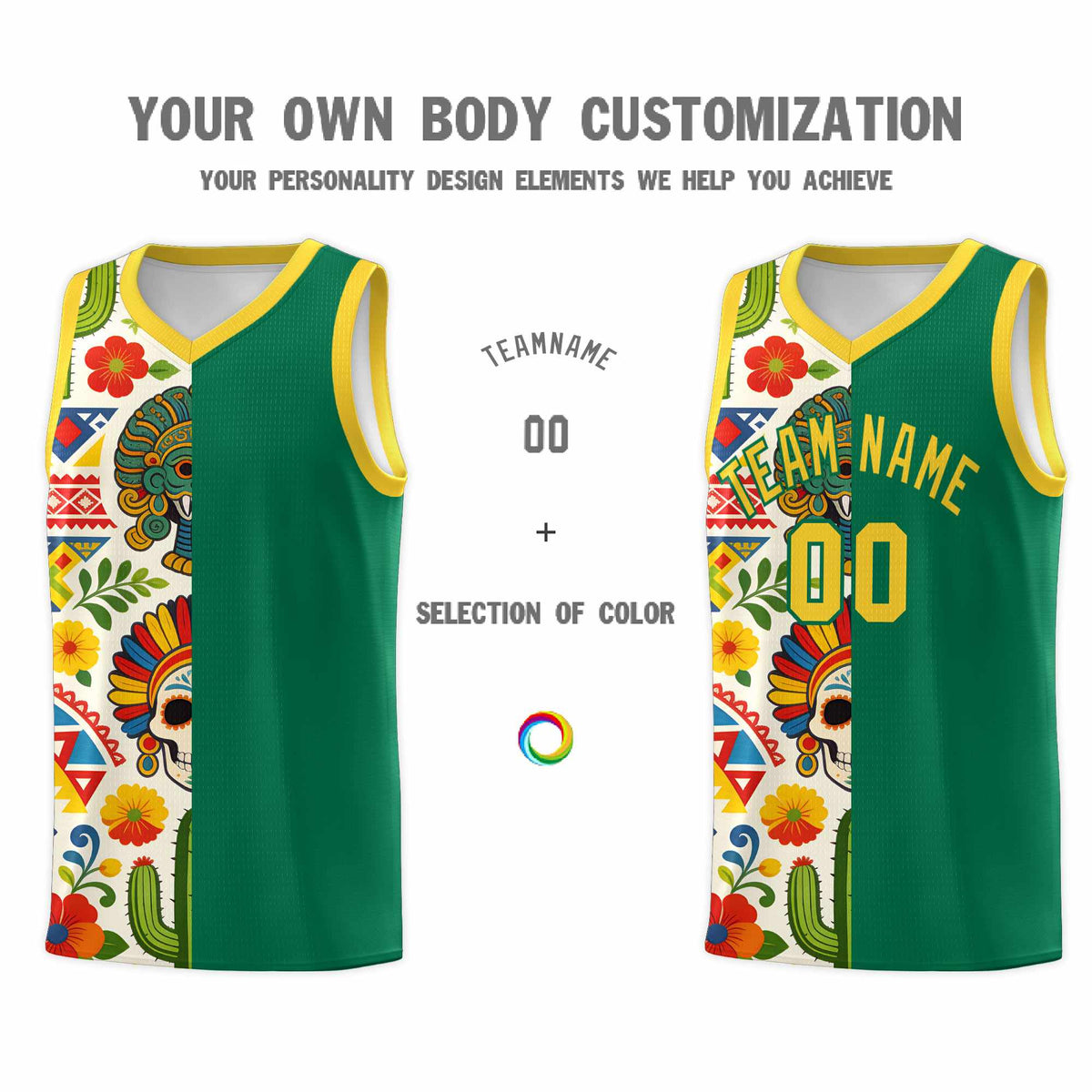 Custom Kelly Green Skeleton Mexican Colors Graffiti Patterns Quick-Drying Uniform Basketball Jersey