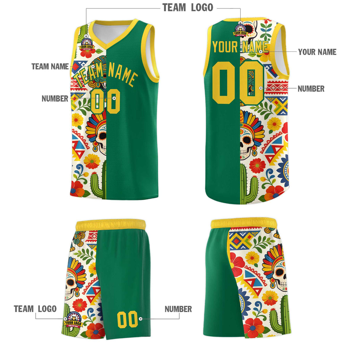 Custom Kelly Green Skeleton Mexican Colors Graffiti Patterns Quick-Drying Uniform Basketball Jersey