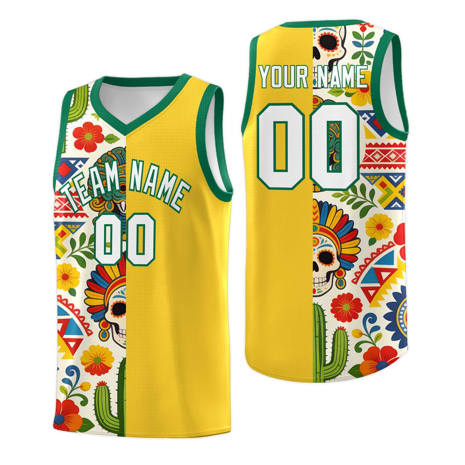 Custom Gold Skeleton Mexican Colors Graffiti Patterns Lightweight Uniform Basketball Jersey