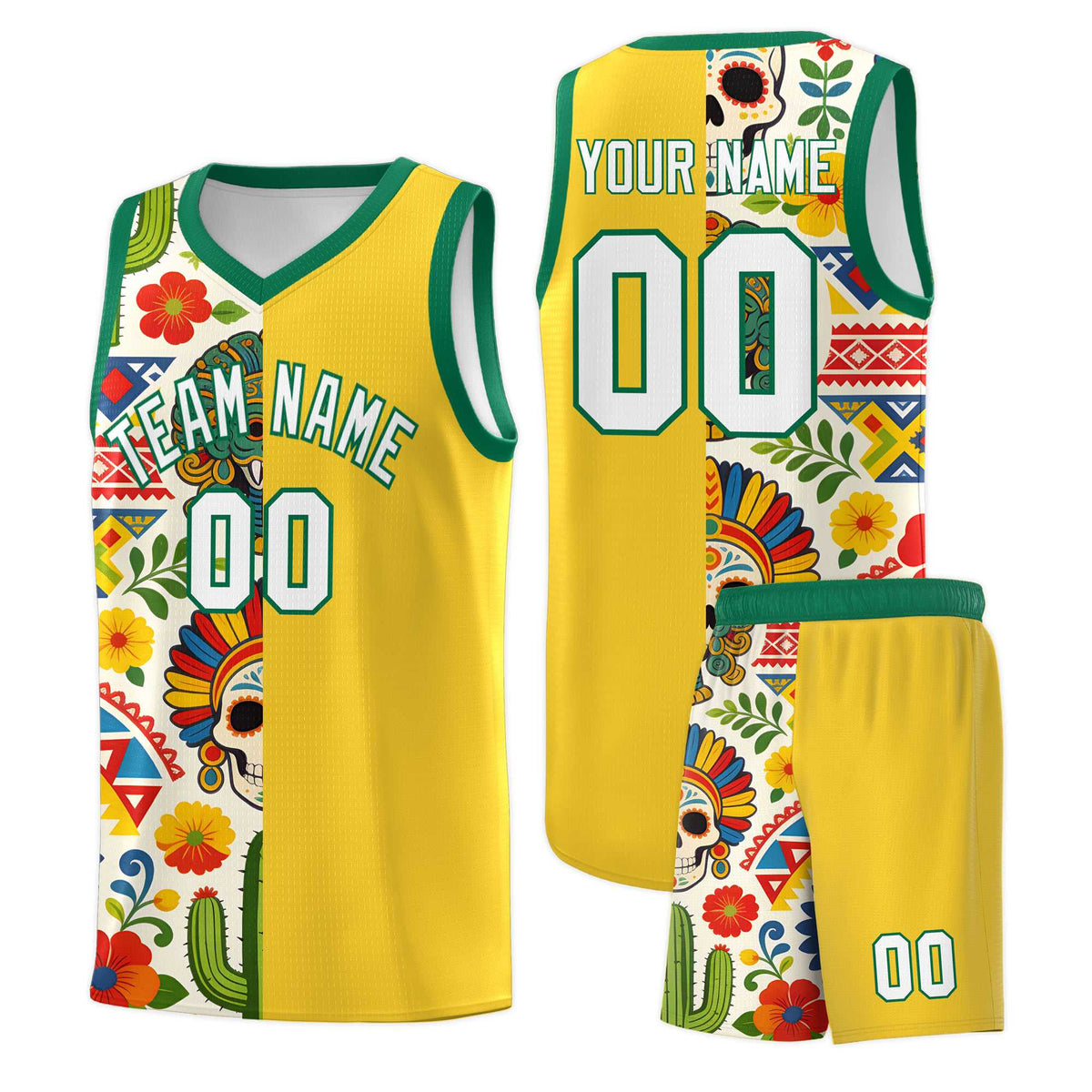 Custom Gold Skeleton Mexican Colors Graffiti Patterns Lightweight Uniform Basketball Jersey