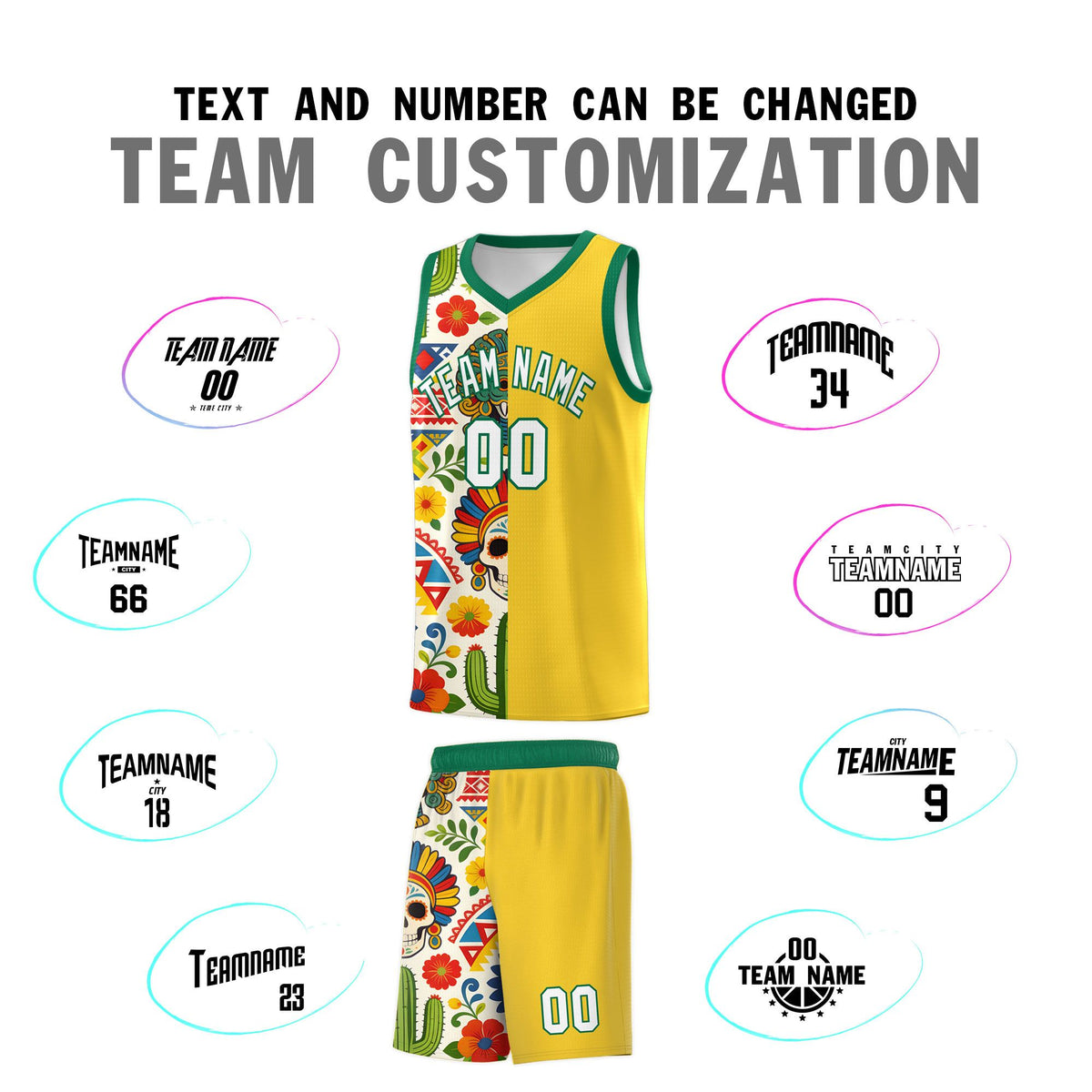 Custom Gold Skeleton Mexican Colors Graffiti Patterns Lightweight Uniform Basketball Jersey