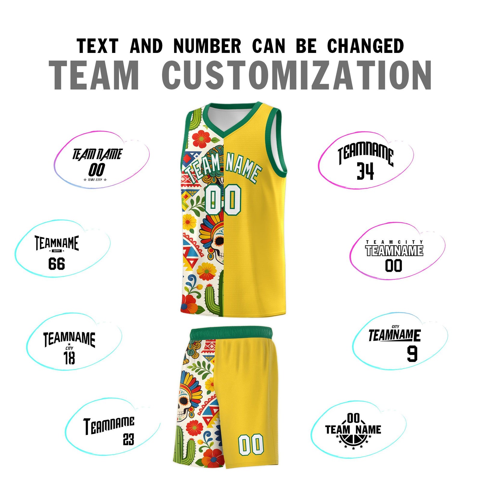 Custom Gold Skeleton Mexican Colors Graffiti Patterns Lightweight Uniform Basketball Jersey