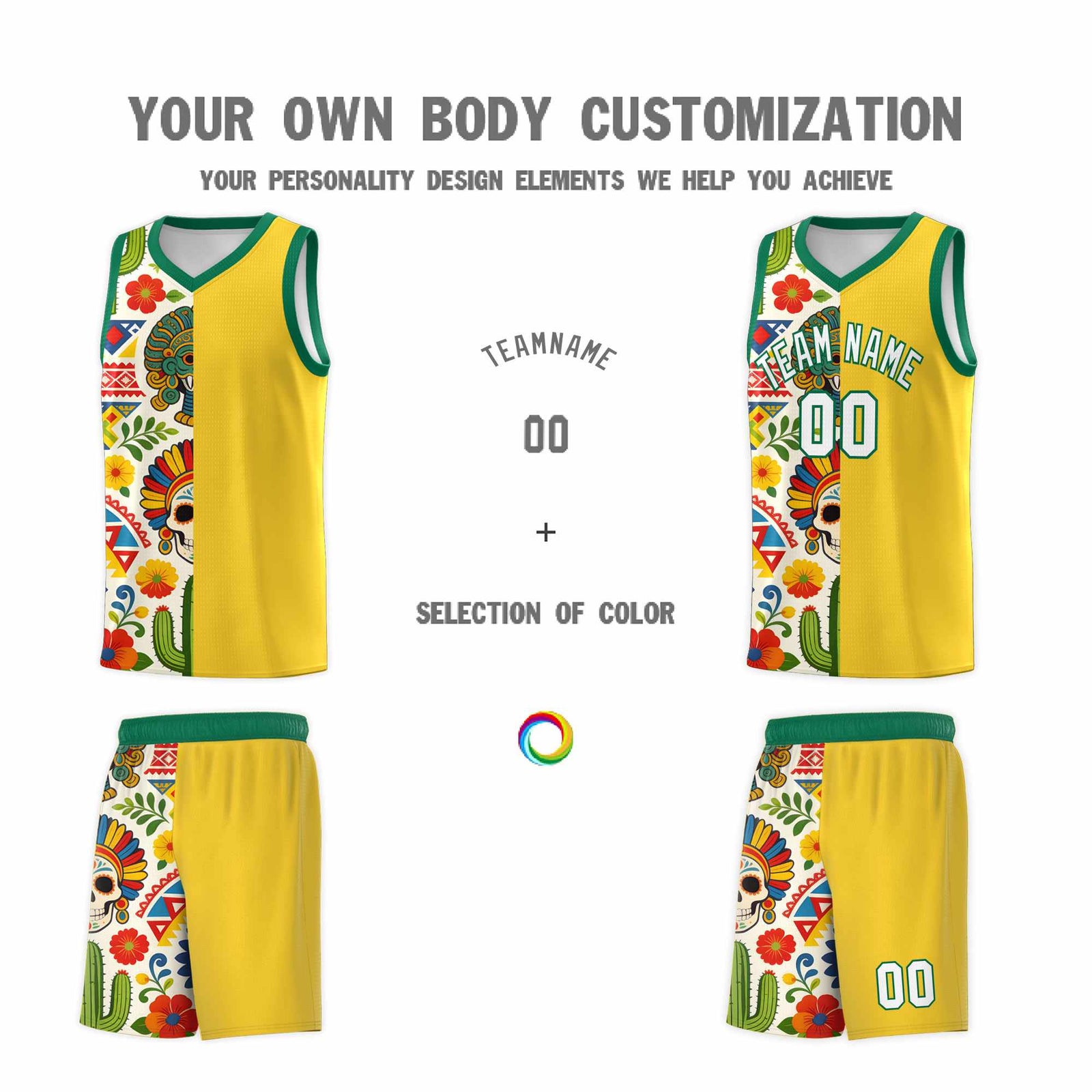 Custom Gold Skeleton Mexican Colors Graffiti Patterns Lightweight Uniform Basketball Jersey