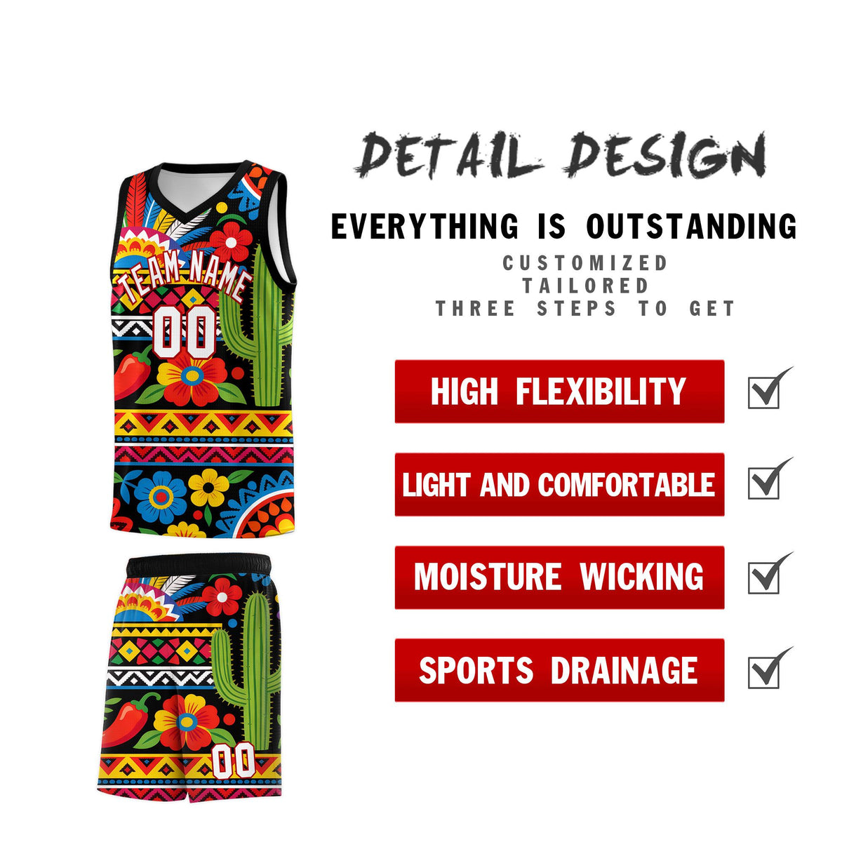 Custom Black Cactus Mexican Colors Graffiti Patterns Wrinkle-Resistant Uniform Basketball Jersey