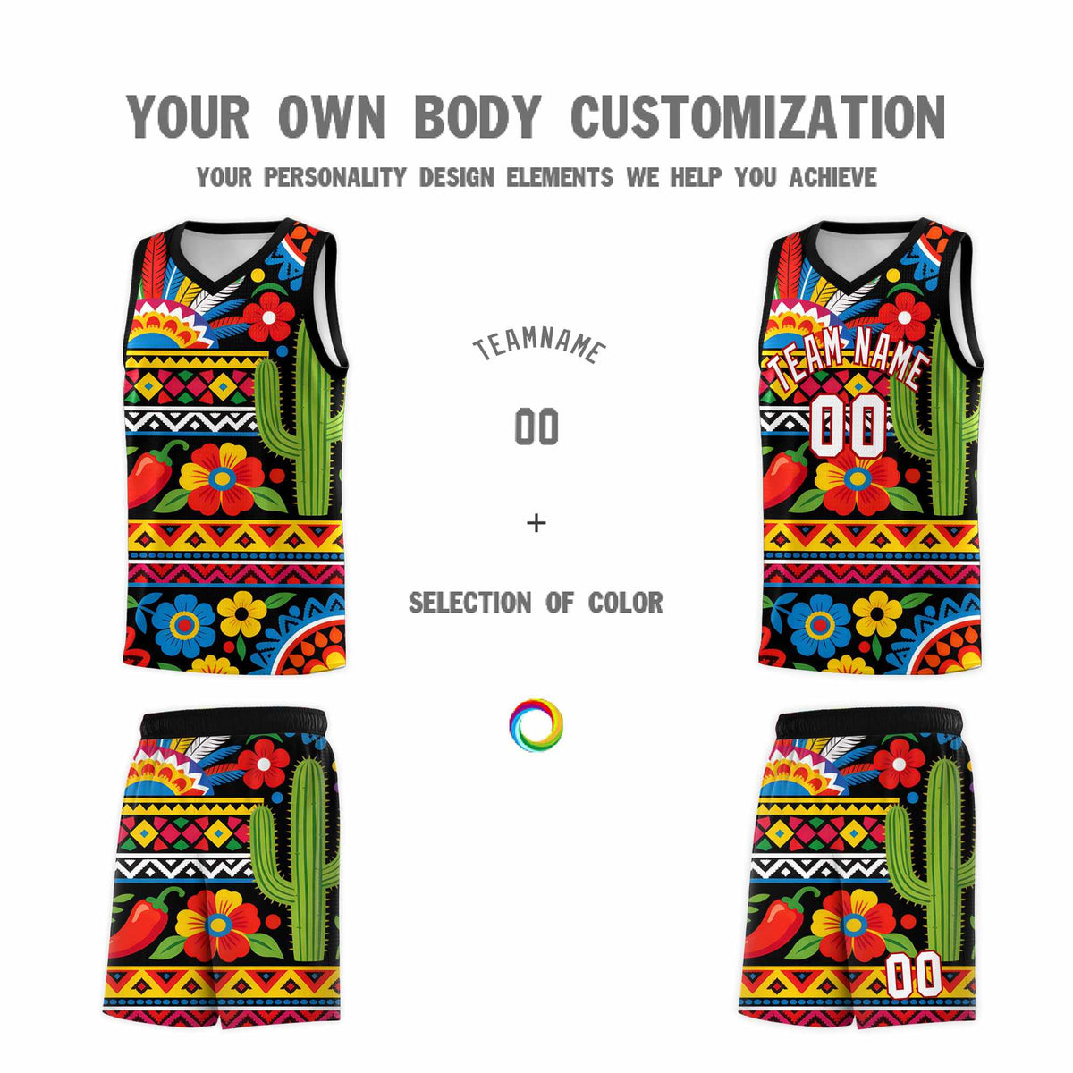 Custom Black Cactus Mexican Colors Graffiti Patterns Wrinkle-Resistant Uniform Basketball Jersey