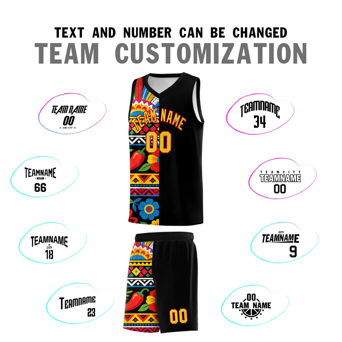 Custom Black Cactus Mexican Colors Graffiti Patterns Drapable Uniform Basketball Jersey