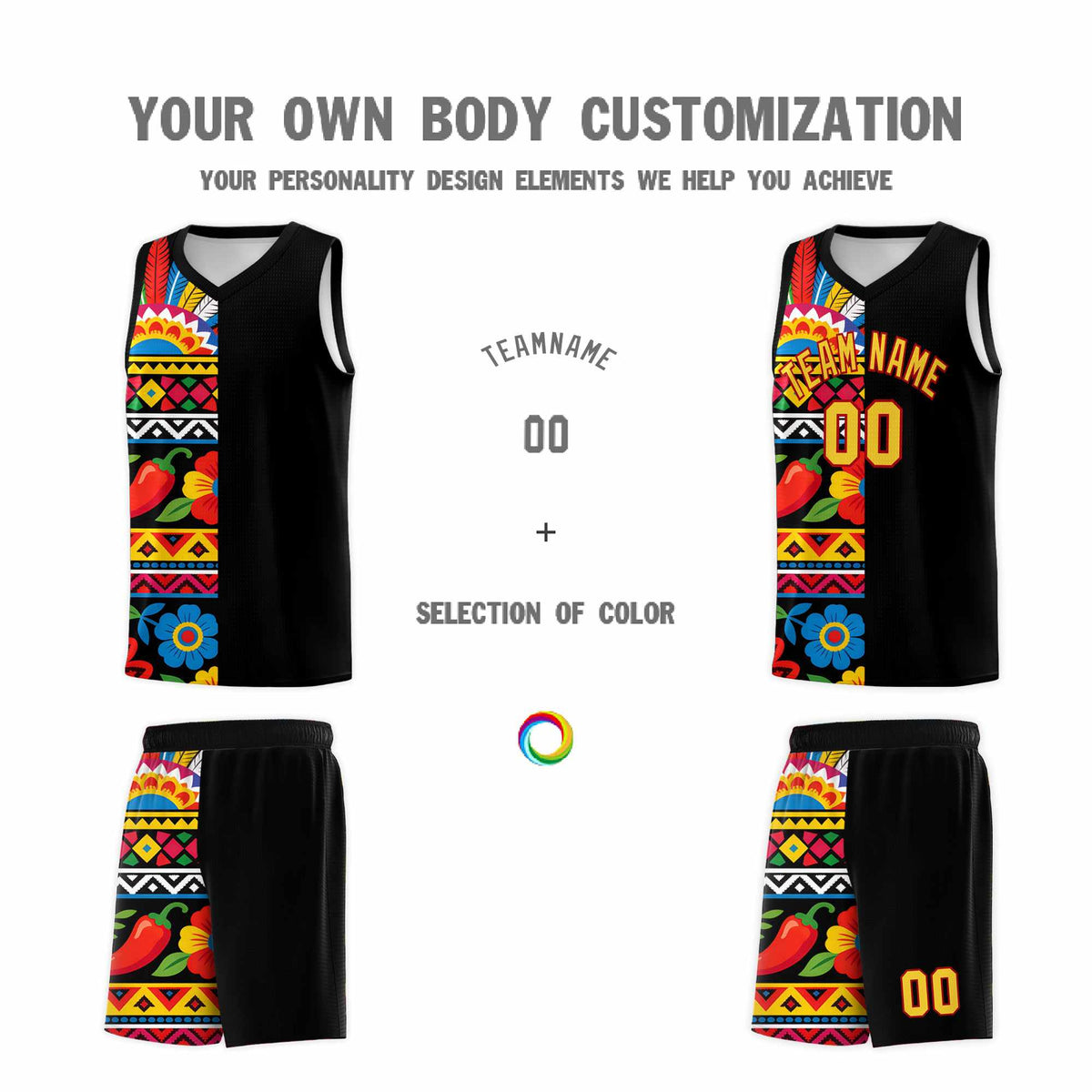 Custom Black Cactus Mexican Colors Graffiti Patterns Drapable Uniform Basketball Jersey