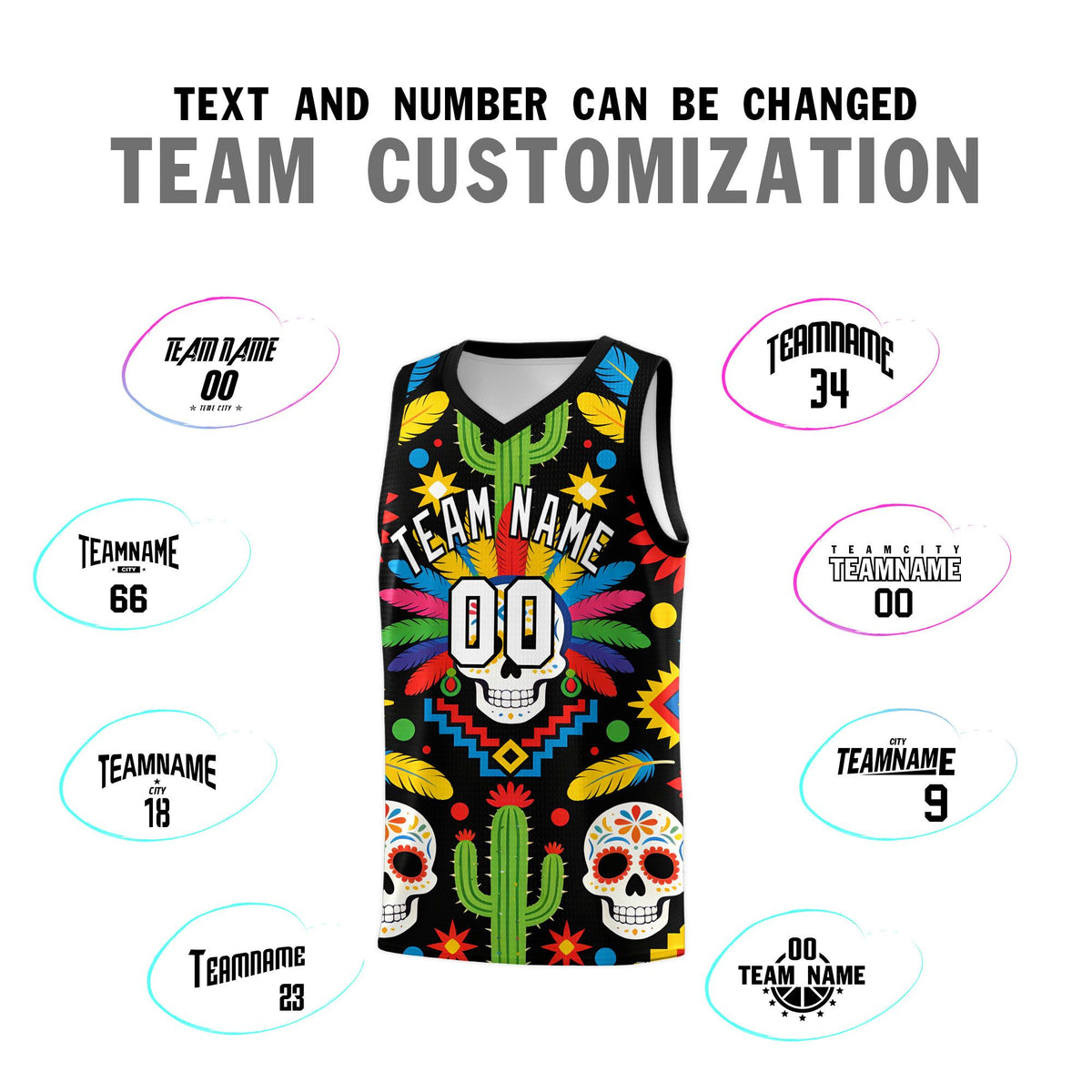Custom Black Skeleton Mexican Colors Graffiti Patterns Sublimation Printing Uniform Basketball Jersey