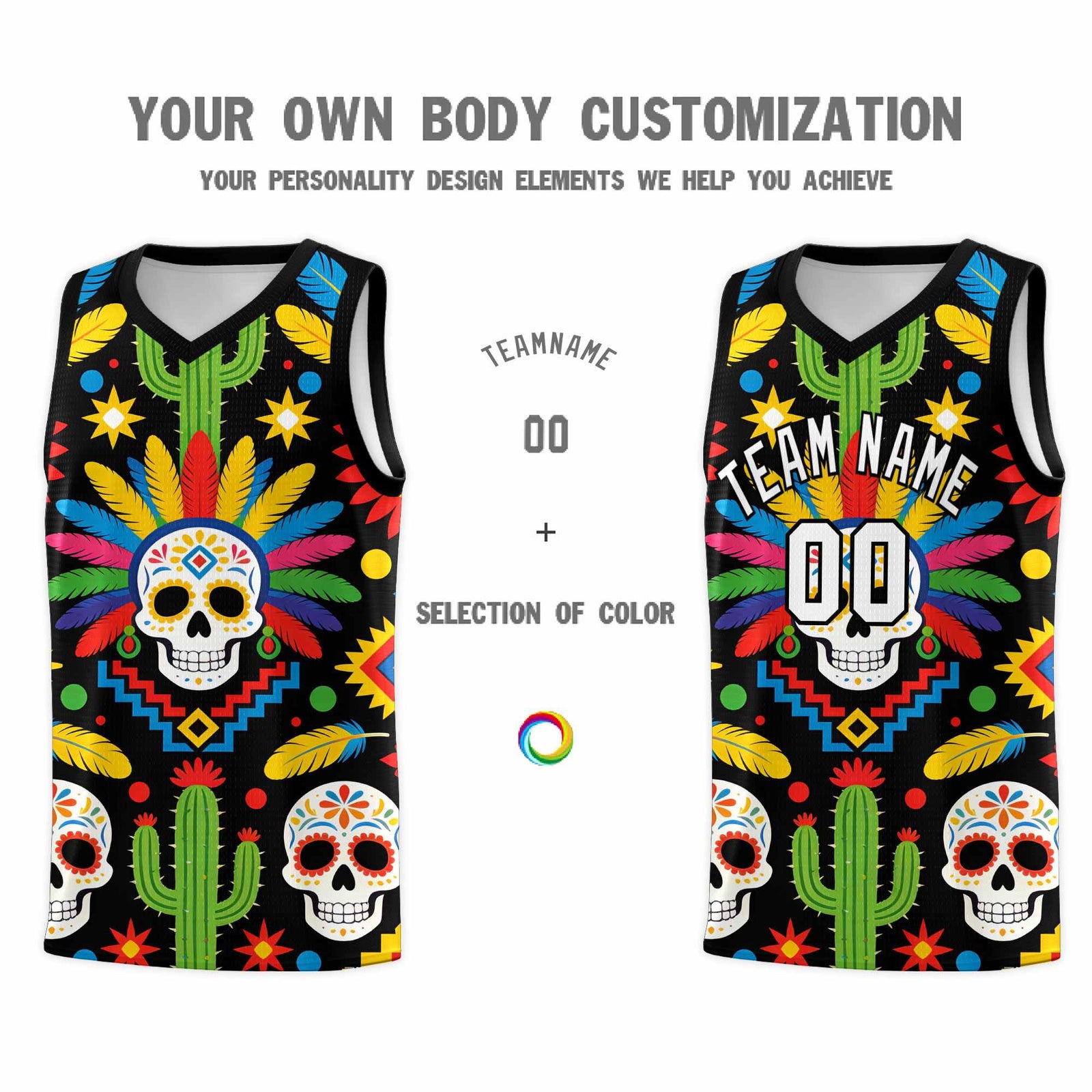 Custom Black Skeleton Mexican Colors Graffiti Patterns Sublimation Printing Uniform Basketball Jersey