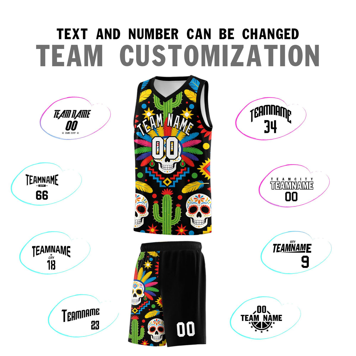 Custom Black Skeleton Mexican Colors Graffiti Patterns Sublimation Printing Uniform Basketball Jersey