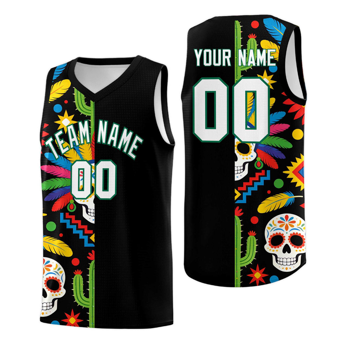 Custom Black Skeleton Mexican Colors Graffiti Patterns Breathable Uniform Basketball Jersey