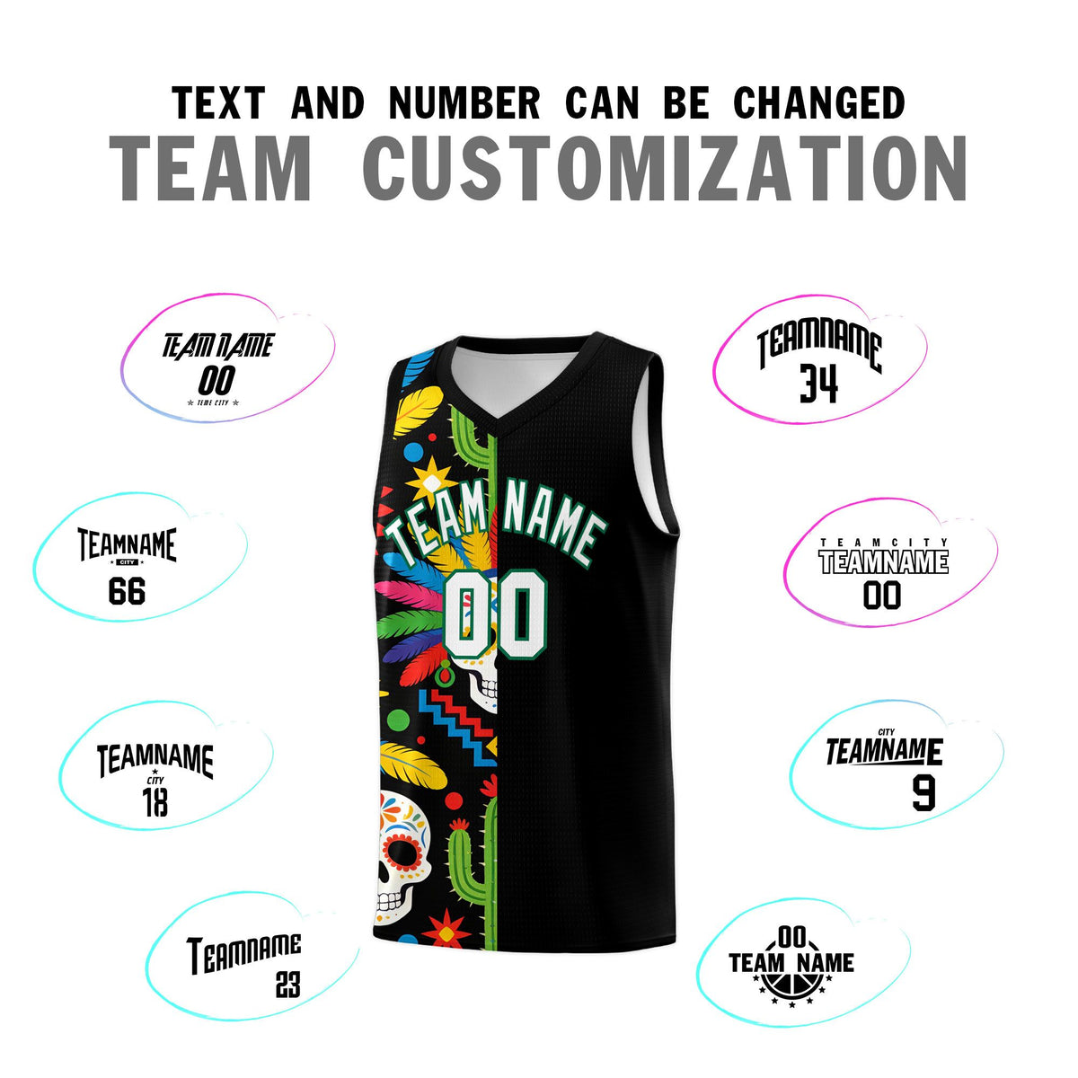 Custom Black Skeleton Mexican Colors Graffiti Patterns Breathable Uniform Basketball Jersey