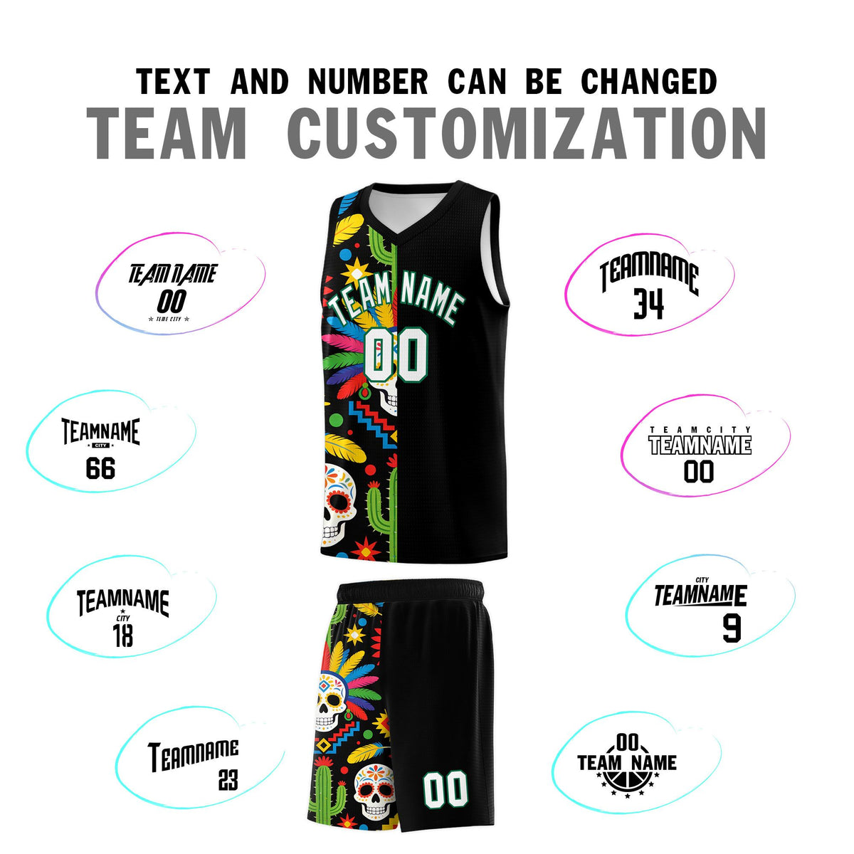 Custom Black Skeleton Mexican Colors Graffiti Patterns Breathable Uniform Basketball Jersey