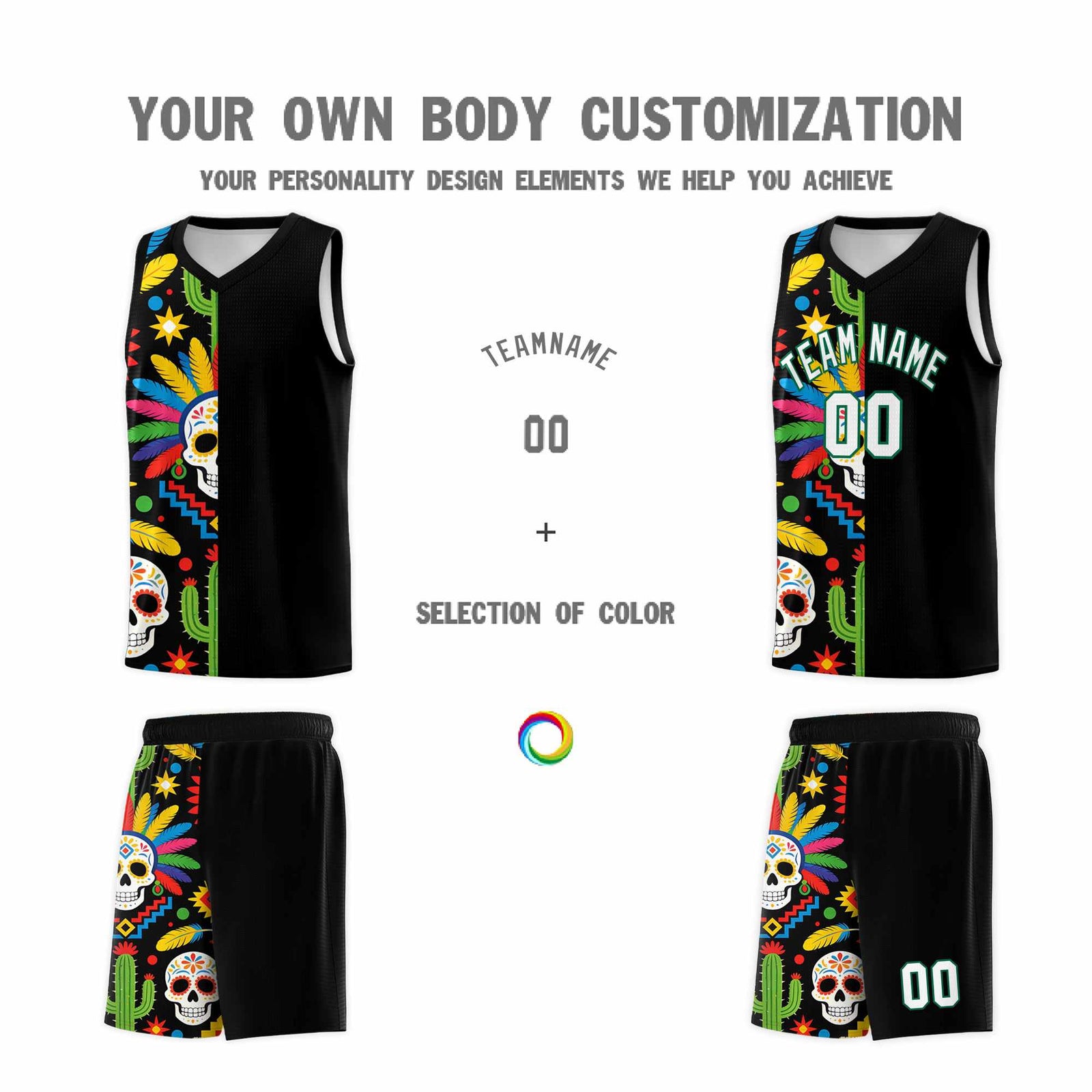 Custom Black Skeleton Mexican Colors Graffiti Patterns Breathable Uniform Basketball Jersey