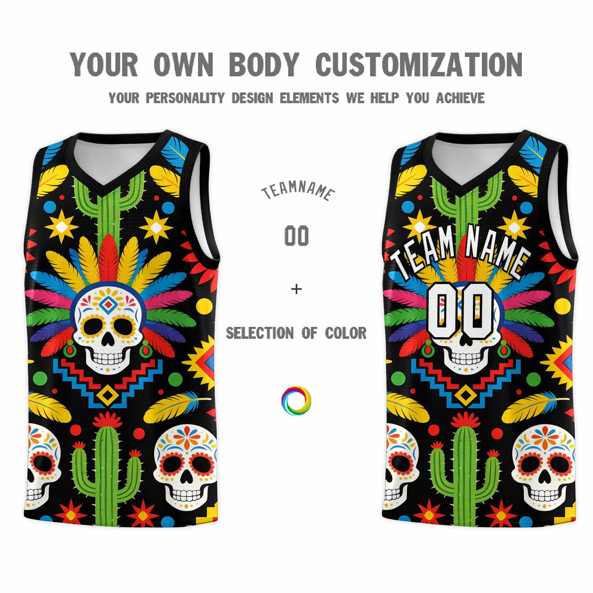 Custom Black Skeleton Mexican Colors Graffiti Patterns Quick-Drying Uniform Basketball Jersey