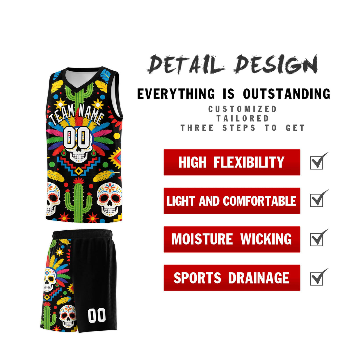 Custom Black Skeleton Mexican Colors Graffiti Patterns Quick-Drying Uniform Basketball Jersey