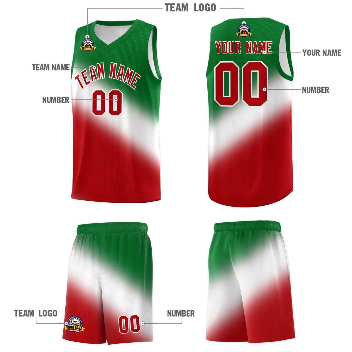 Custom White Kelly Green Red Mexican Colors Graffiti Patterns Wrinkle-Resistant Uniform Basketball Jersey