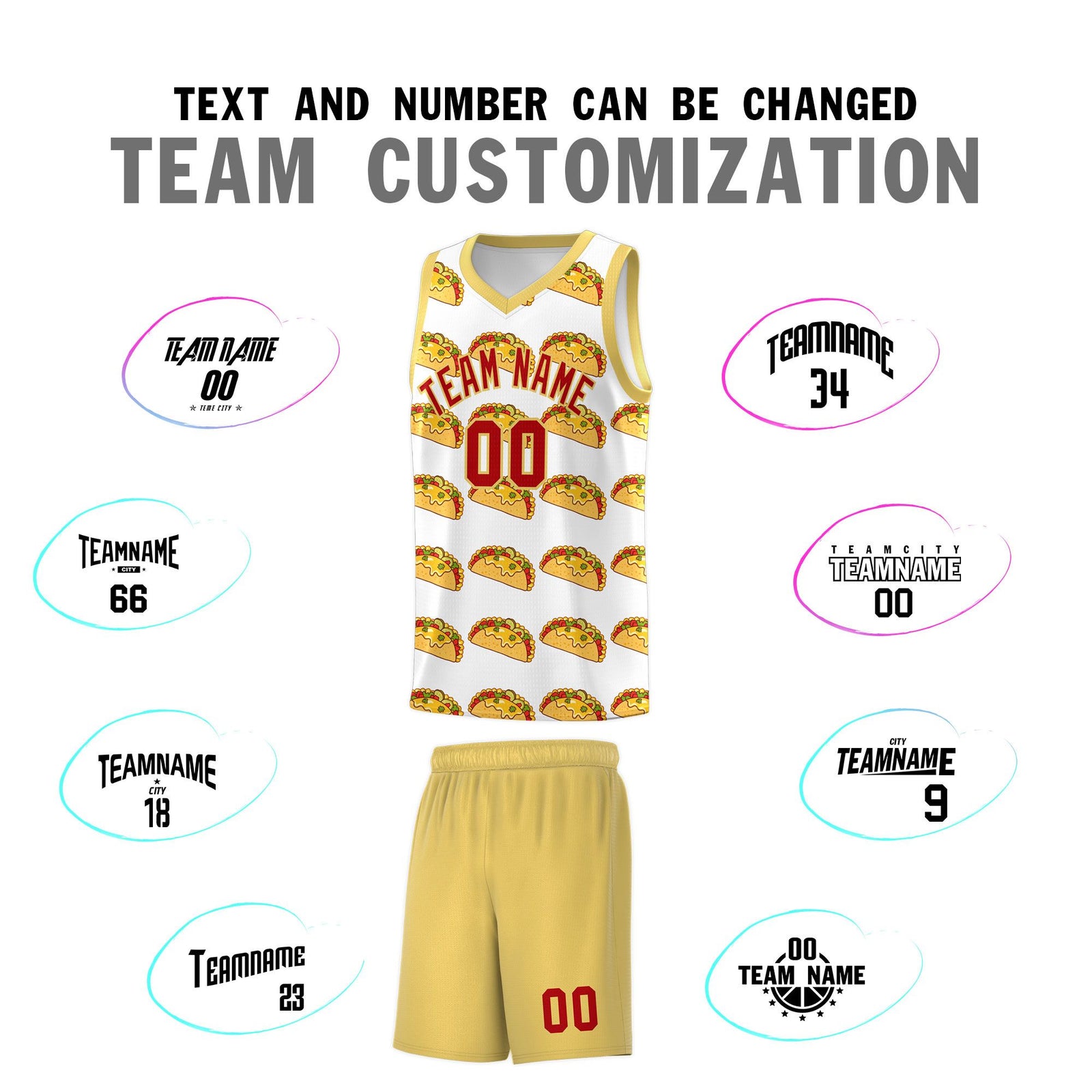 Custom White Khaki Mexican Colors Graffiti Patterns Drapable Uniform Basketball Jersey